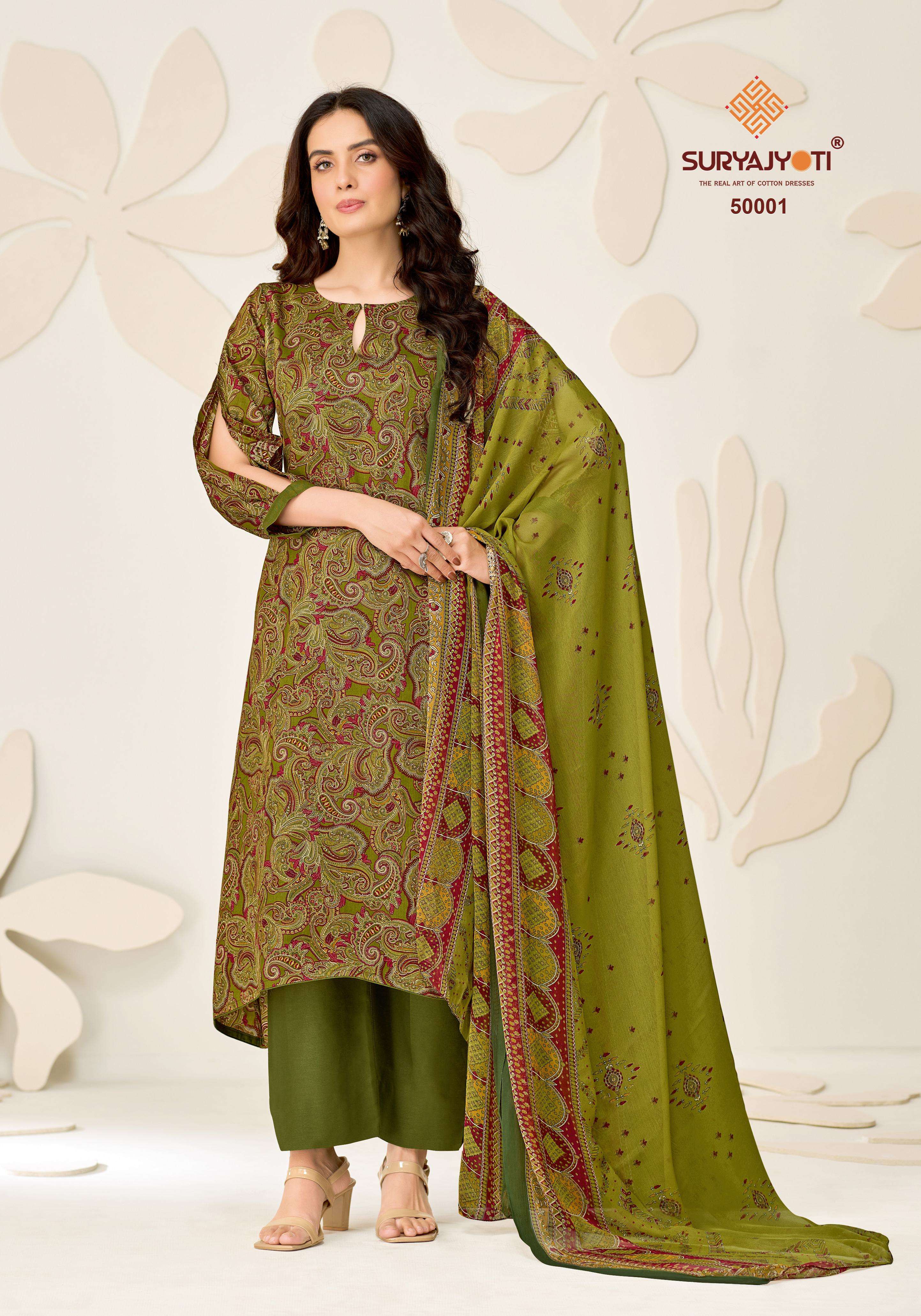 SURYAJYOTI NAISHAA VOL 50 JAM SATIN PRINT WITH FANCY WORK SUIT