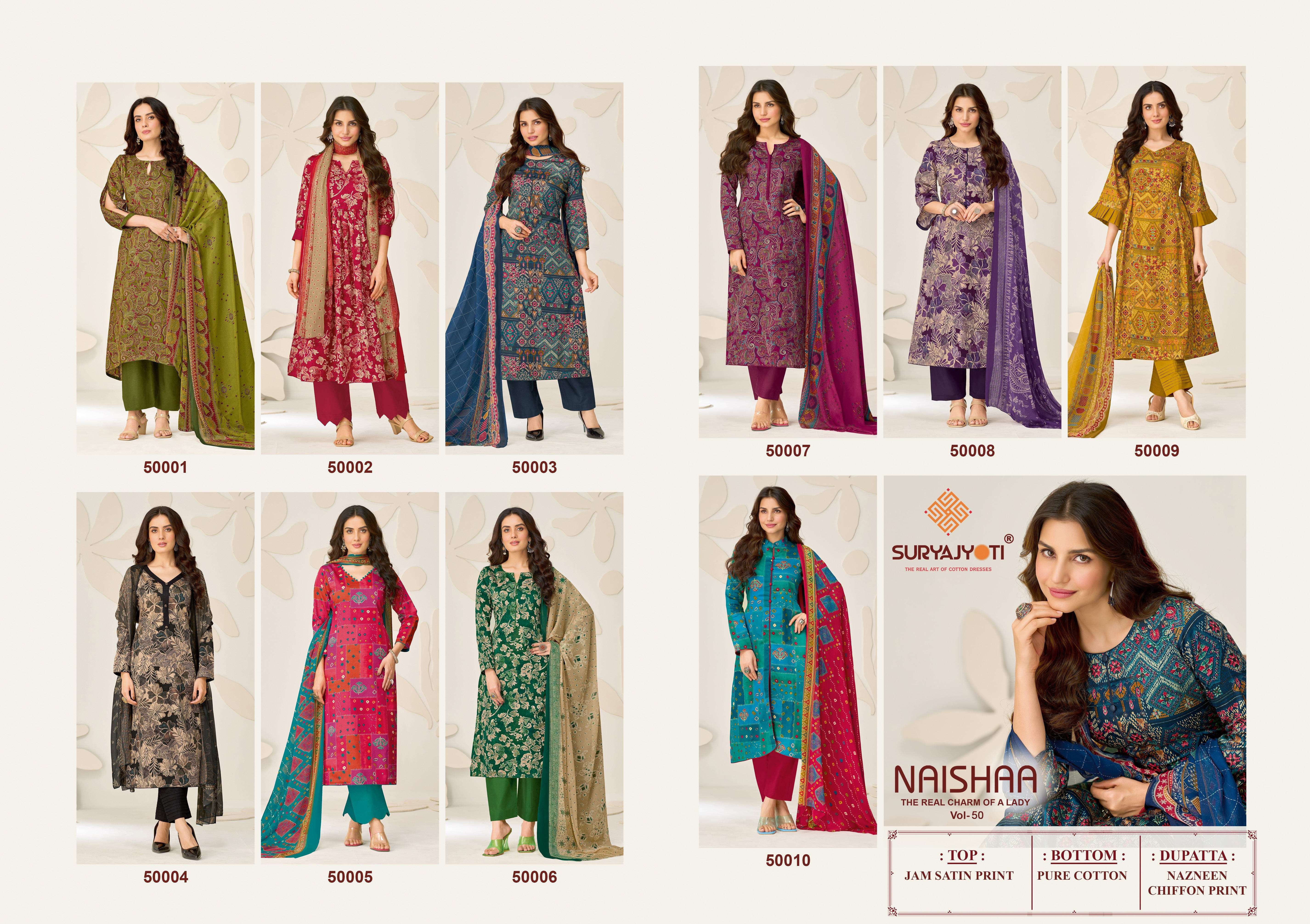 SURYAJYOTI NAISHAA VOL 50 JAM SATIN PRINT WITH FANCY WORK SUIT