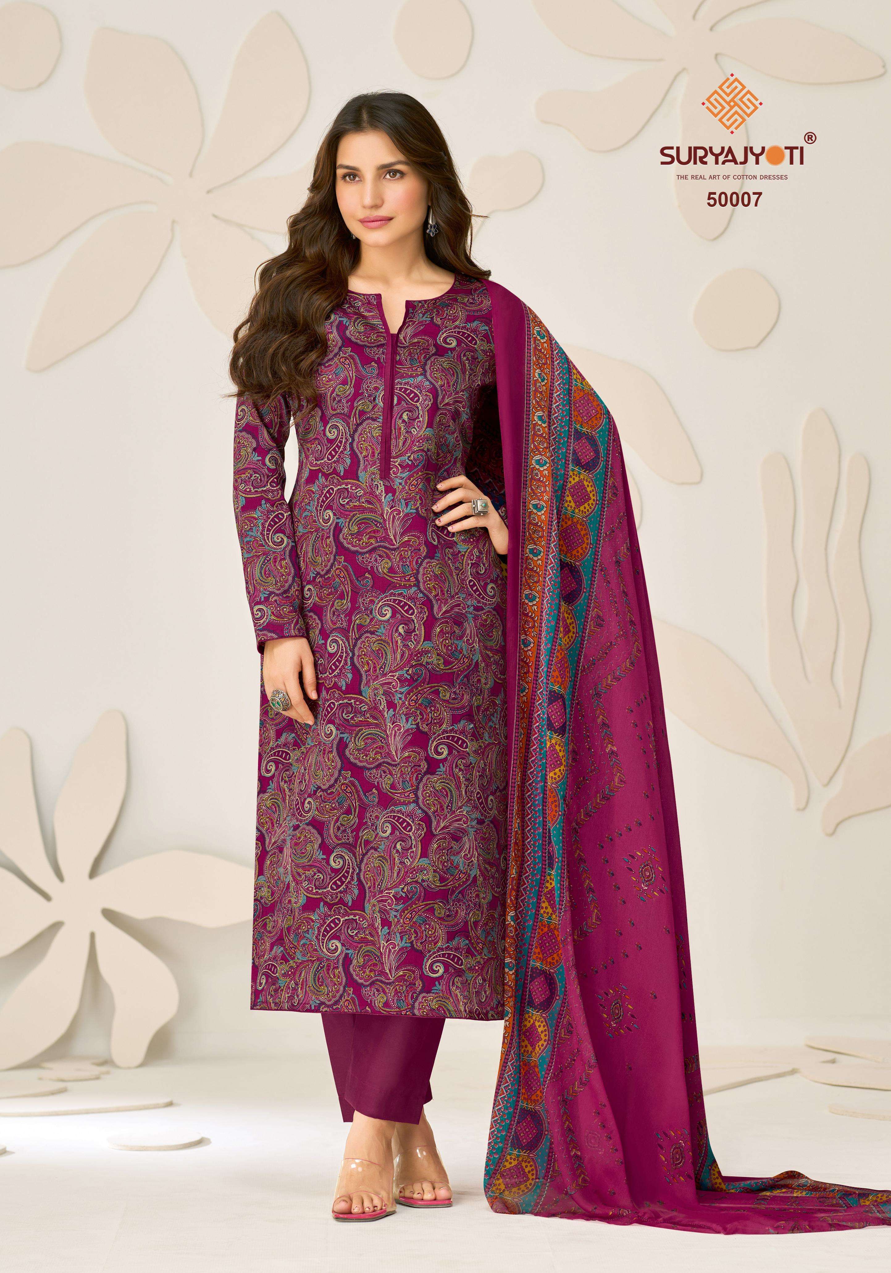 SURYAJYOTI NAISHAA VOL 50 JAM SATIN PRINT WITH FANCY WORK SUIT