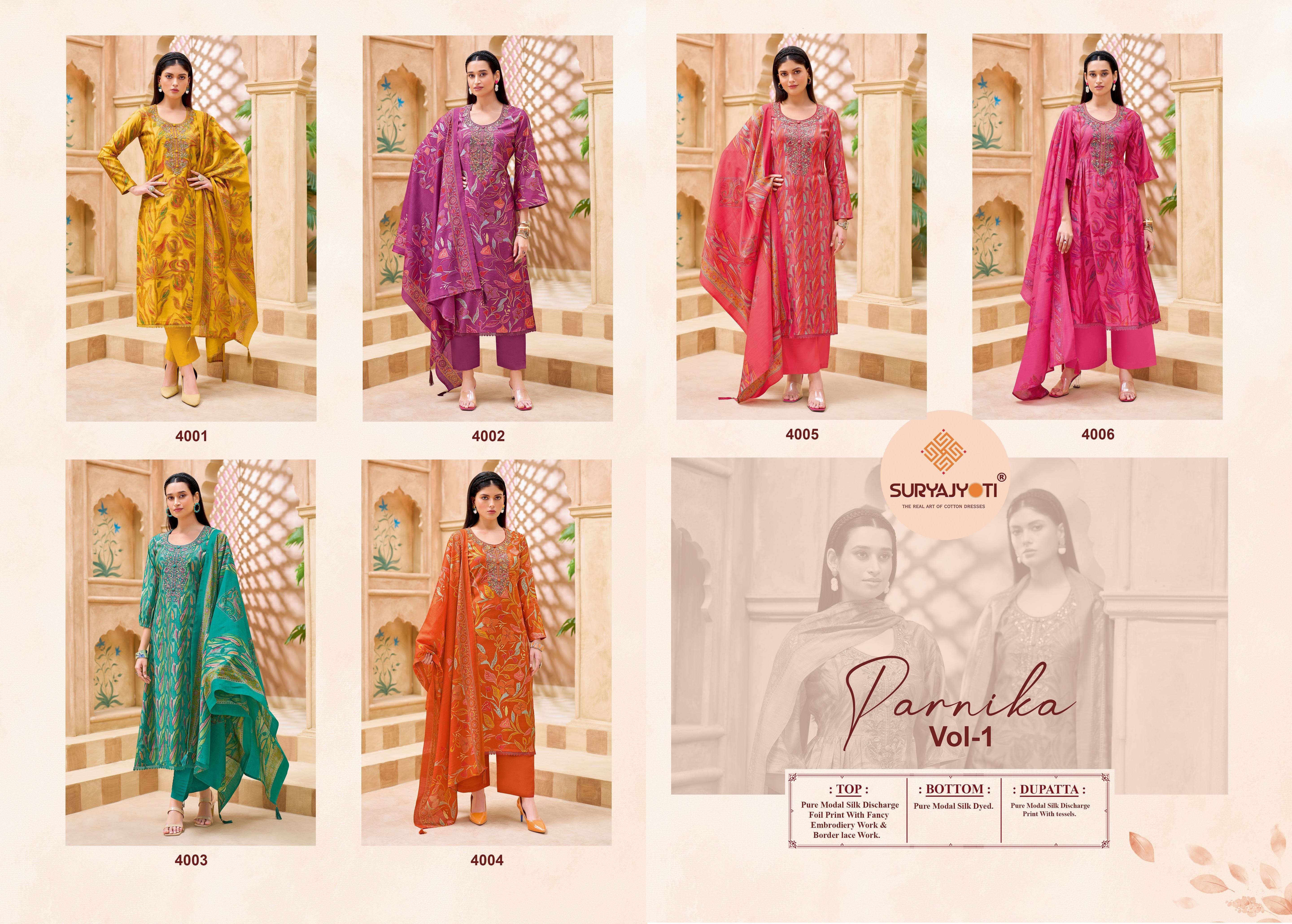  SURYAJYOTI PARNIKA VOL 1 MODAL SILK PRINT WITH FANCY WORK SUIT