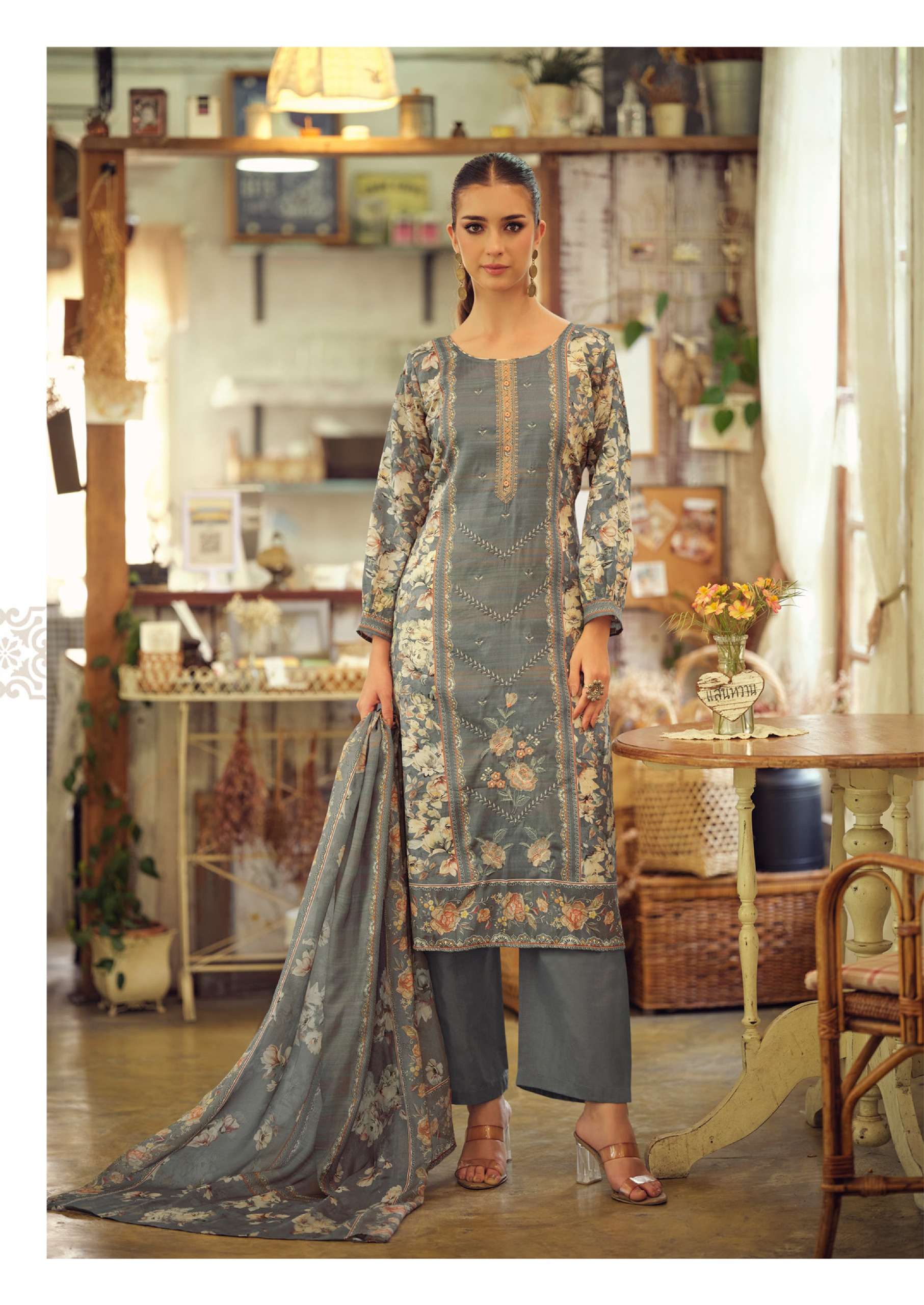 THE HERMITAGE SHOP TAKHT COTTON SATIN DIGITAL PRINT WITH FANCY EMBROIDERY WORK SUIT