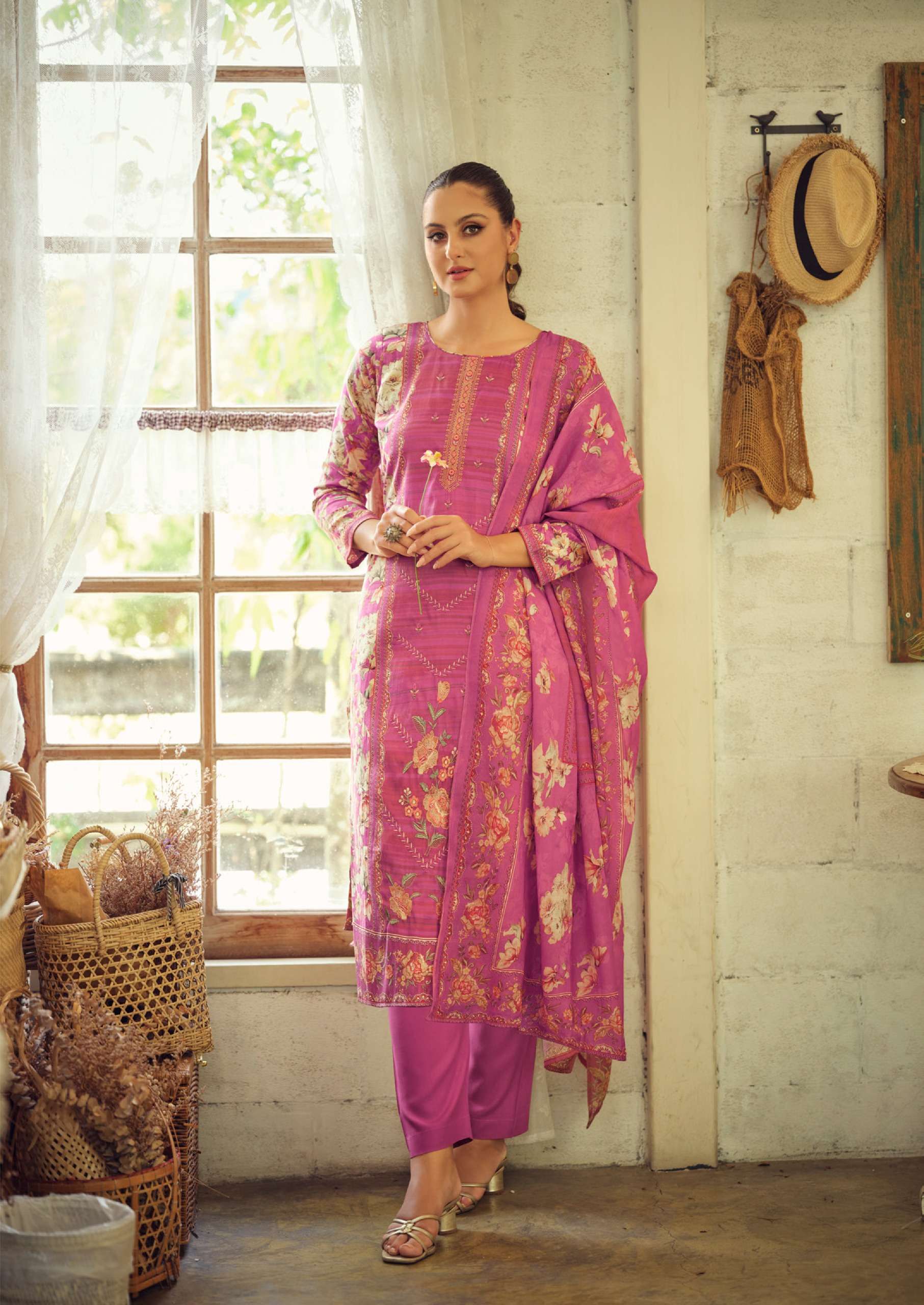 THE HERMITAGE SHOP TAKHT COTTON SATIN DIGITAL PRINT WITH FANCY EMBROIDERY WORK SUIT