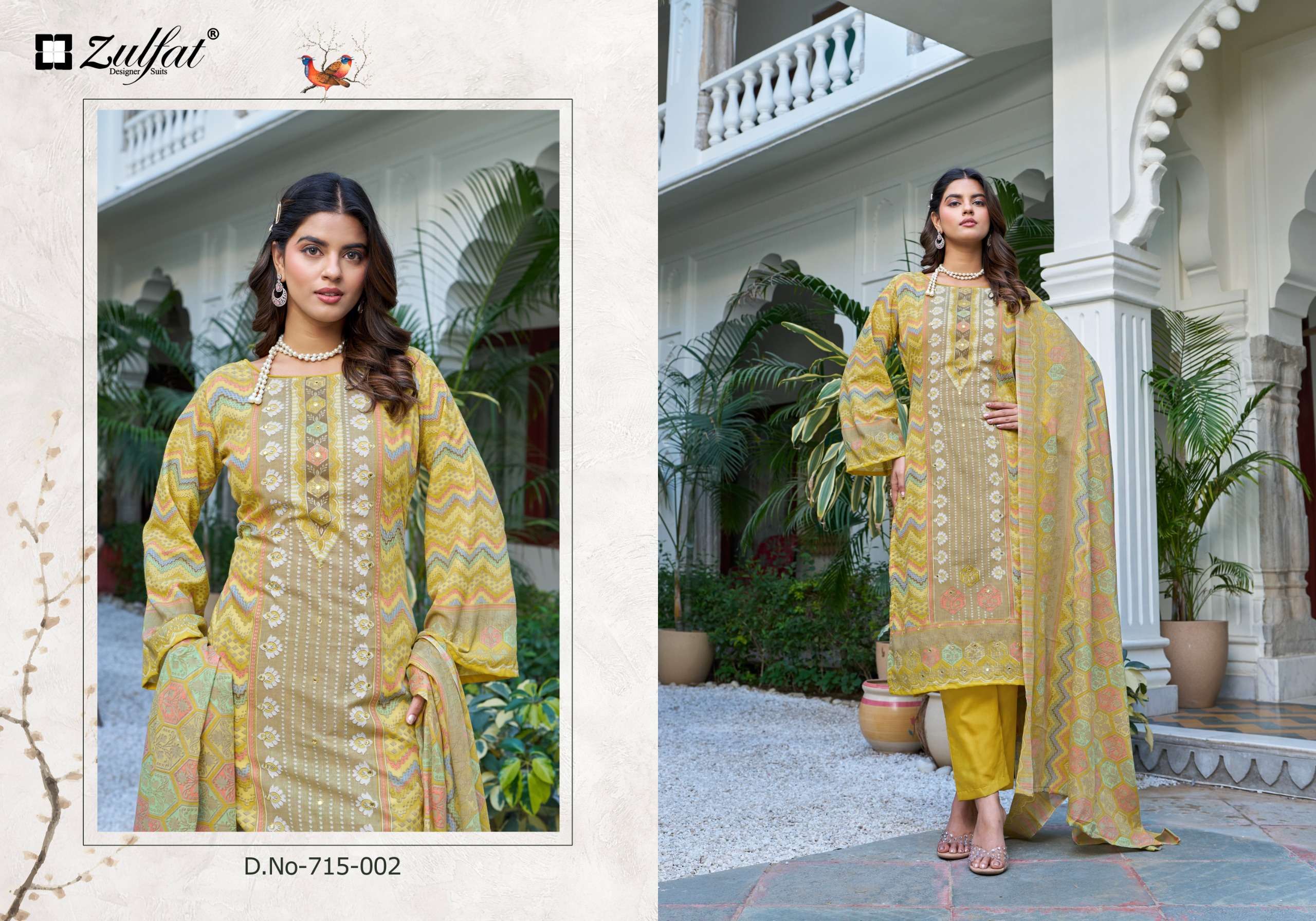ZULFAT DESIGNER SUITS SUMMER BREEZE VOL 3 COTTON PRINT WITH WORK SUIT	