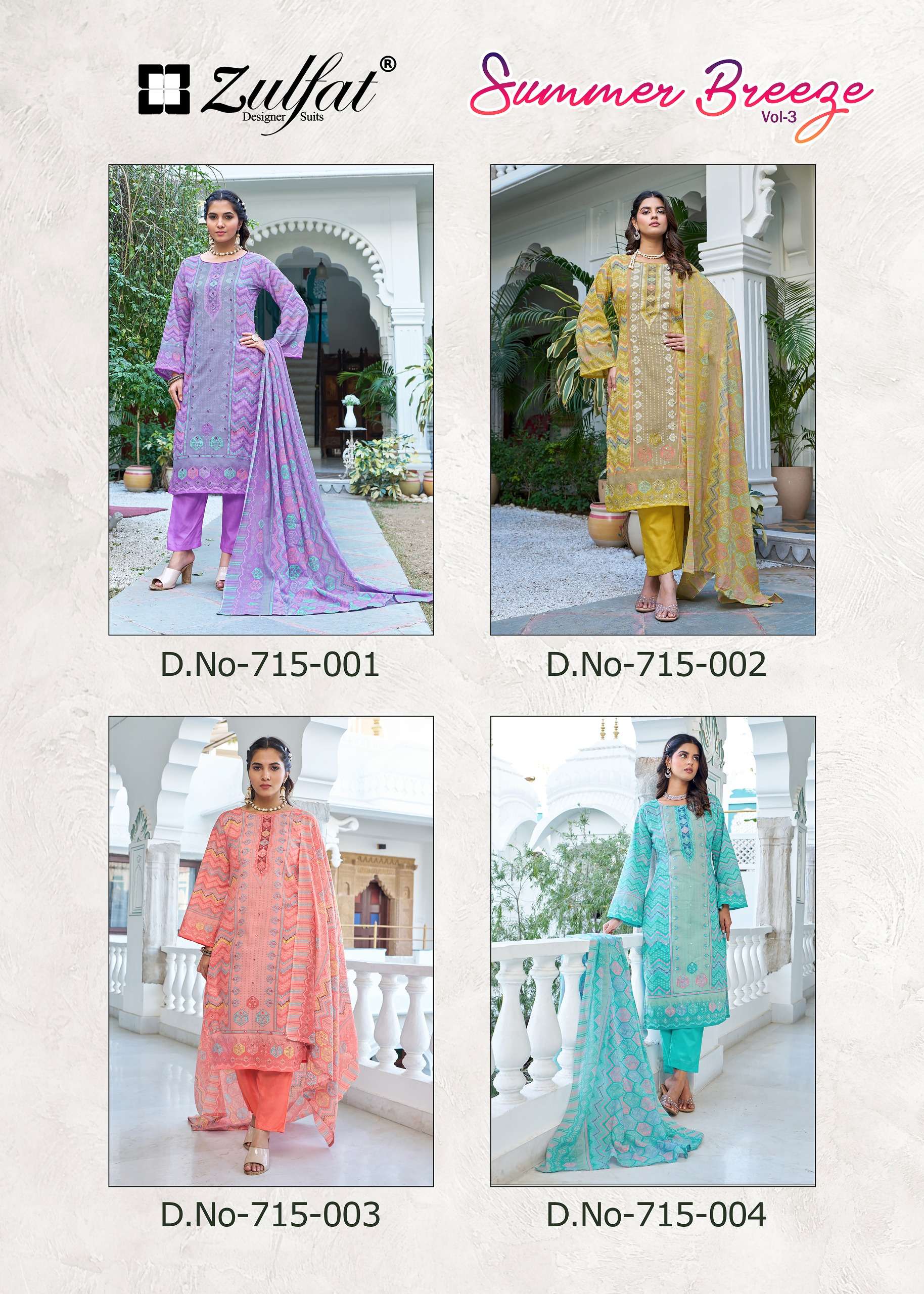 ZULFAT DESIGNER SUITS SUMMER BREEZE VOL 3 COTTON PRINT WITH WORK SUIT	