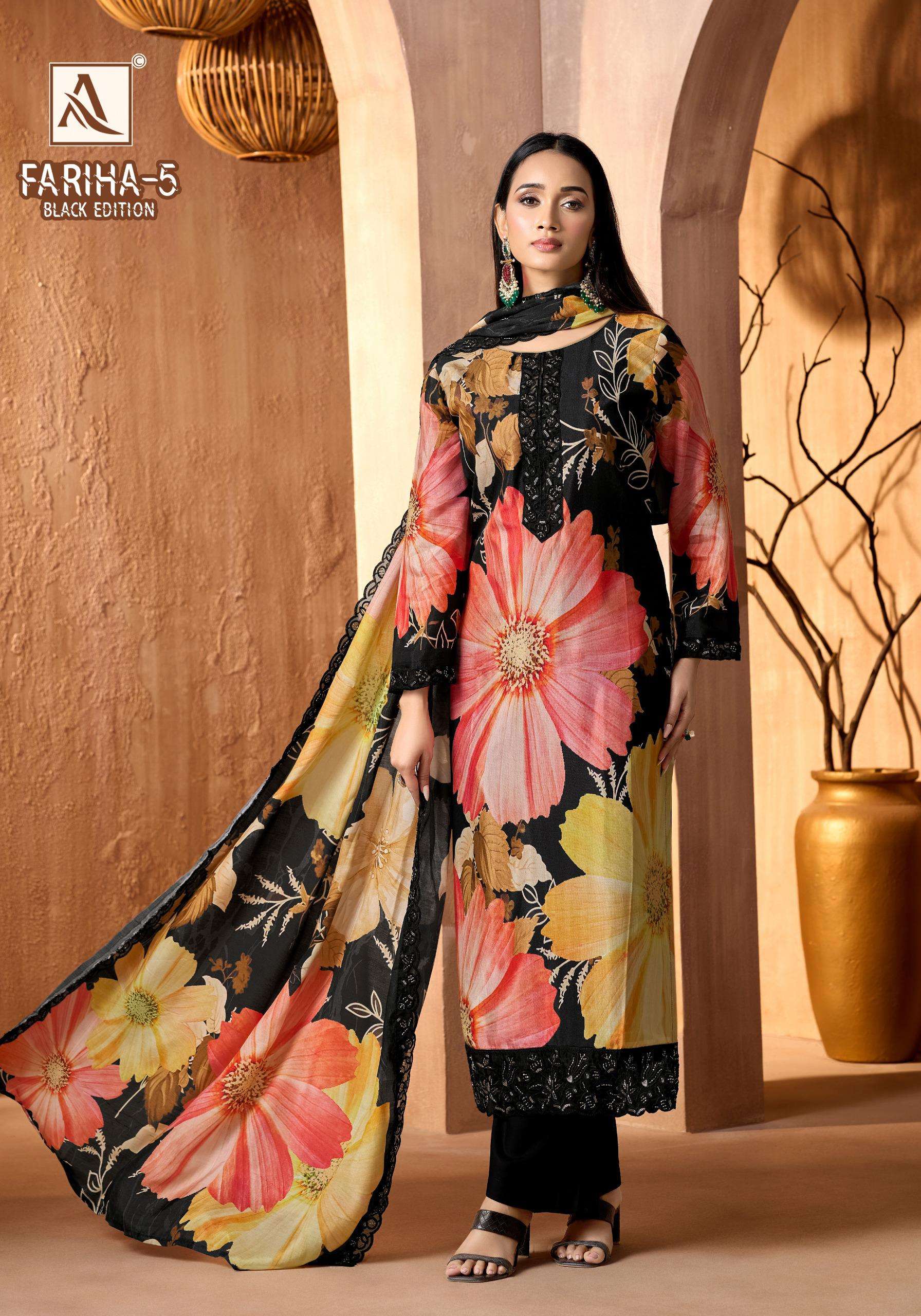 ALOK SUITS FARIHA BLAK EDITION VOL 5 MUSLIN DIGITAL PRINT WITH FANCY WORK SUIT