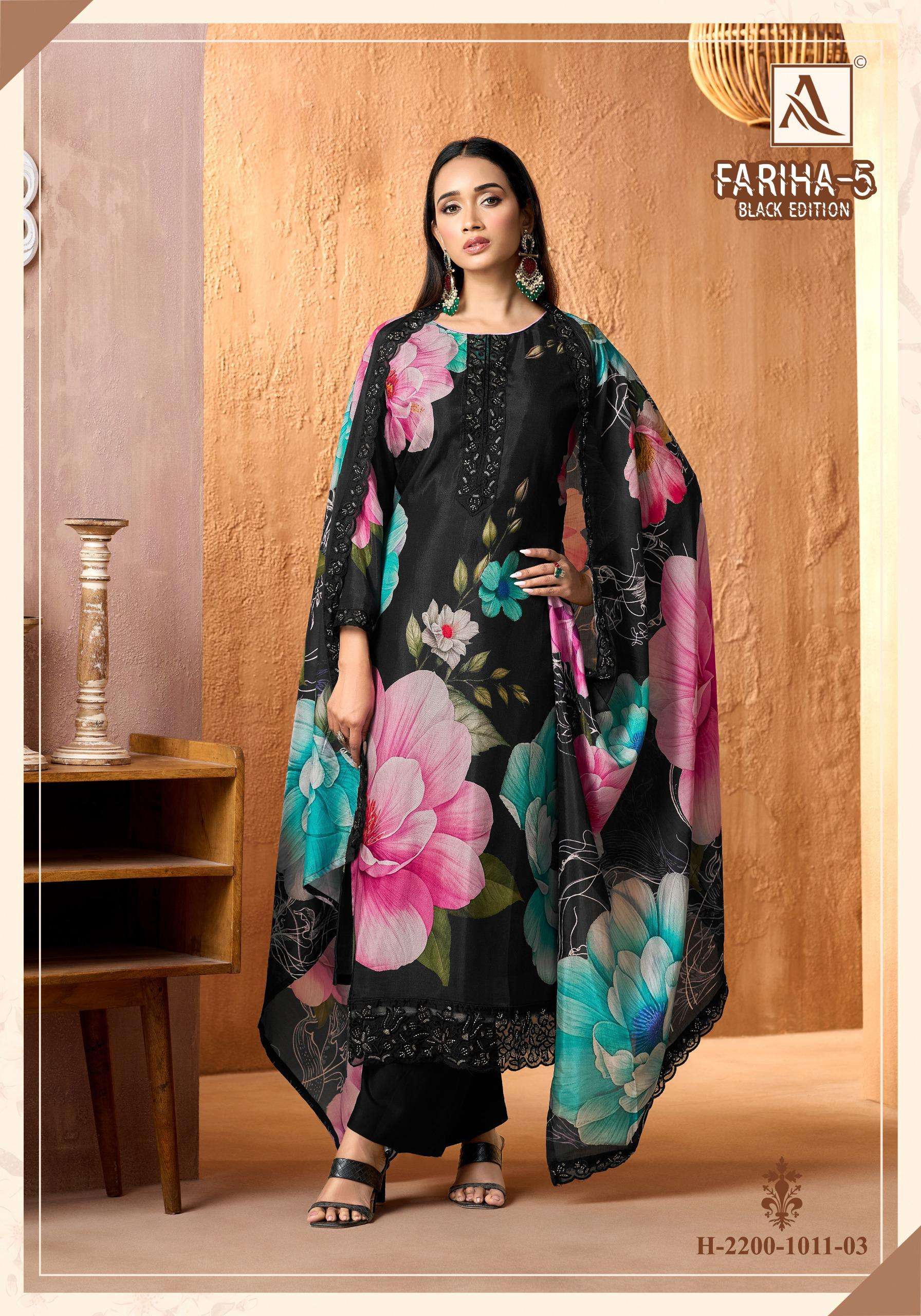 ALOK SUITS FARIHA BLAK EDITION VOL 5 MUSLIN DIGITAL PRINT WITH FANCY WORK SUIT