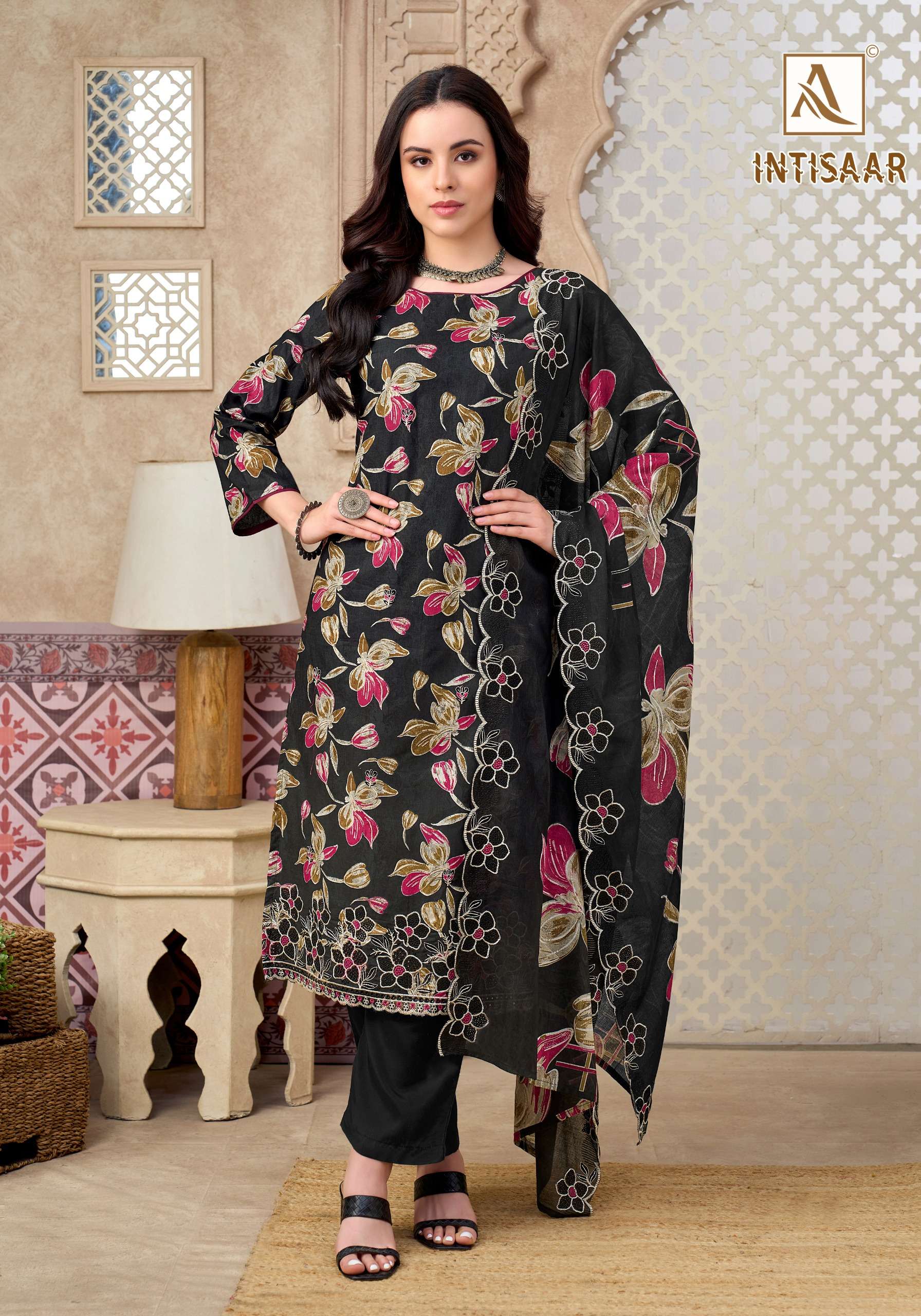ALOK SUITS INTISAAR CAMBRIC COTTON PRINT WITH FANCY WORK SUITS 