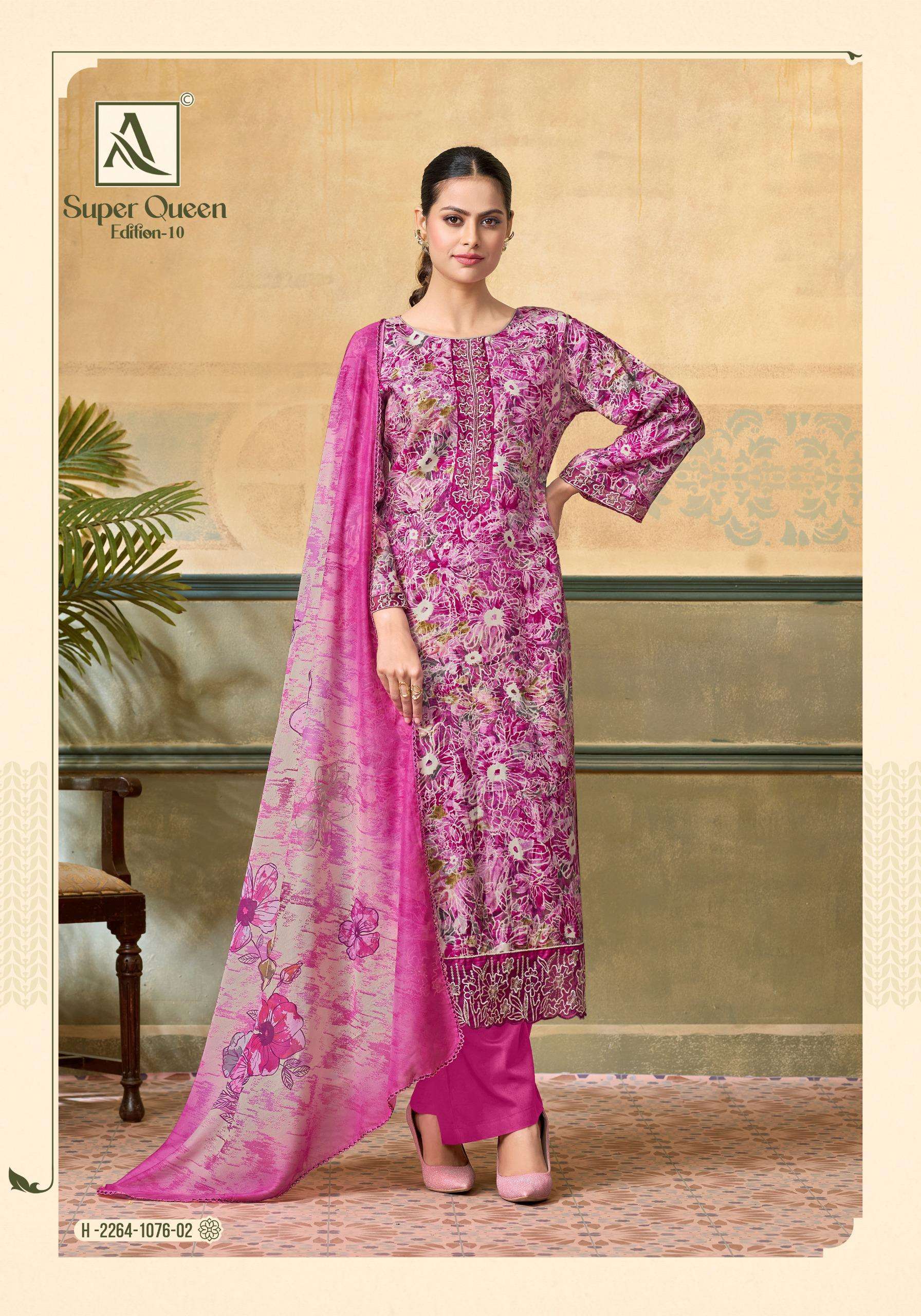 ALOK SUITS SUPER QUEEN EDITION 10 RAYON PRINT WITH FANCY WORK SUIT