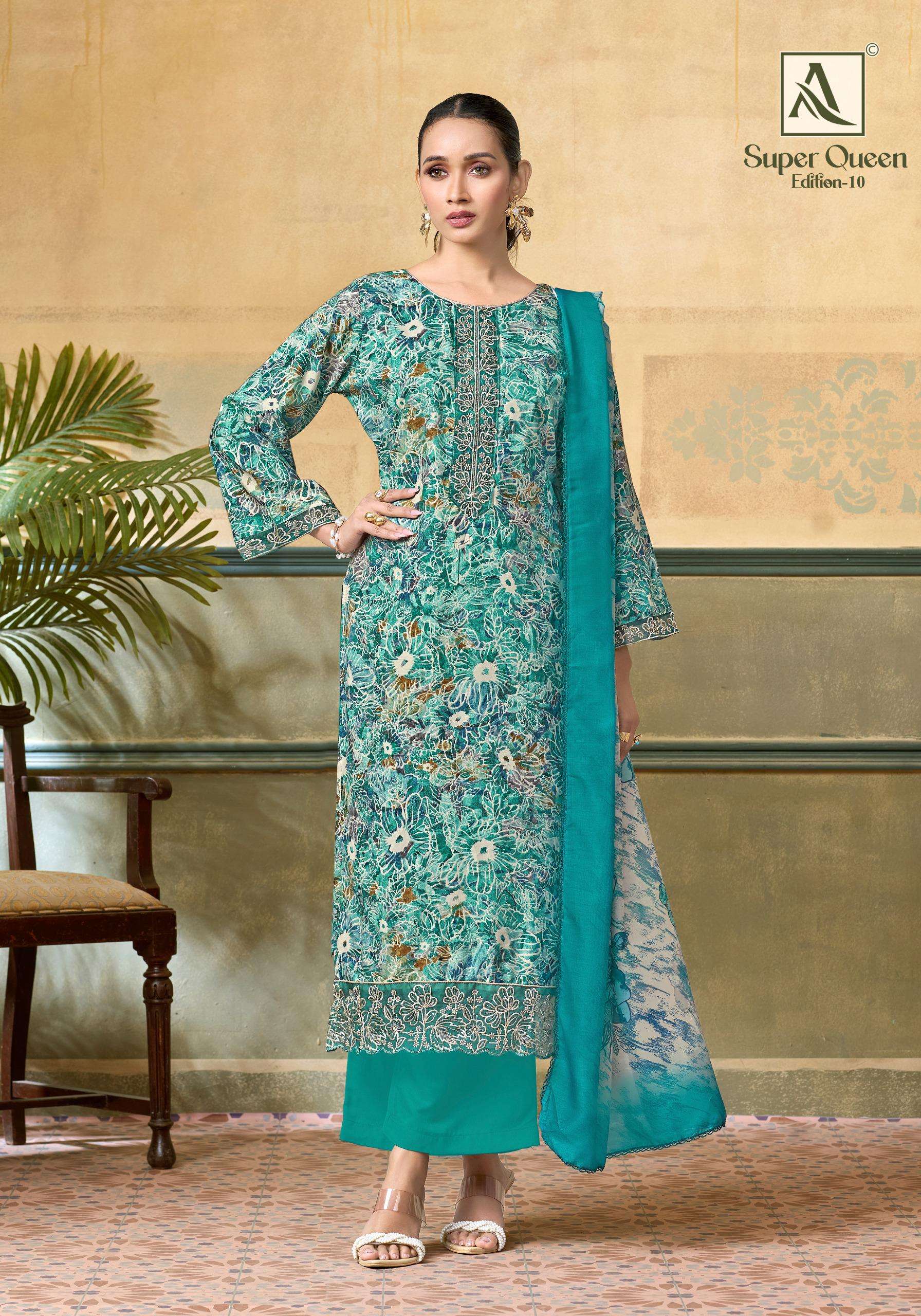 ALOK SUITS SUPER QUEEN EDITION 10 RAYON PRINT WITH FANCY WORK SUIT