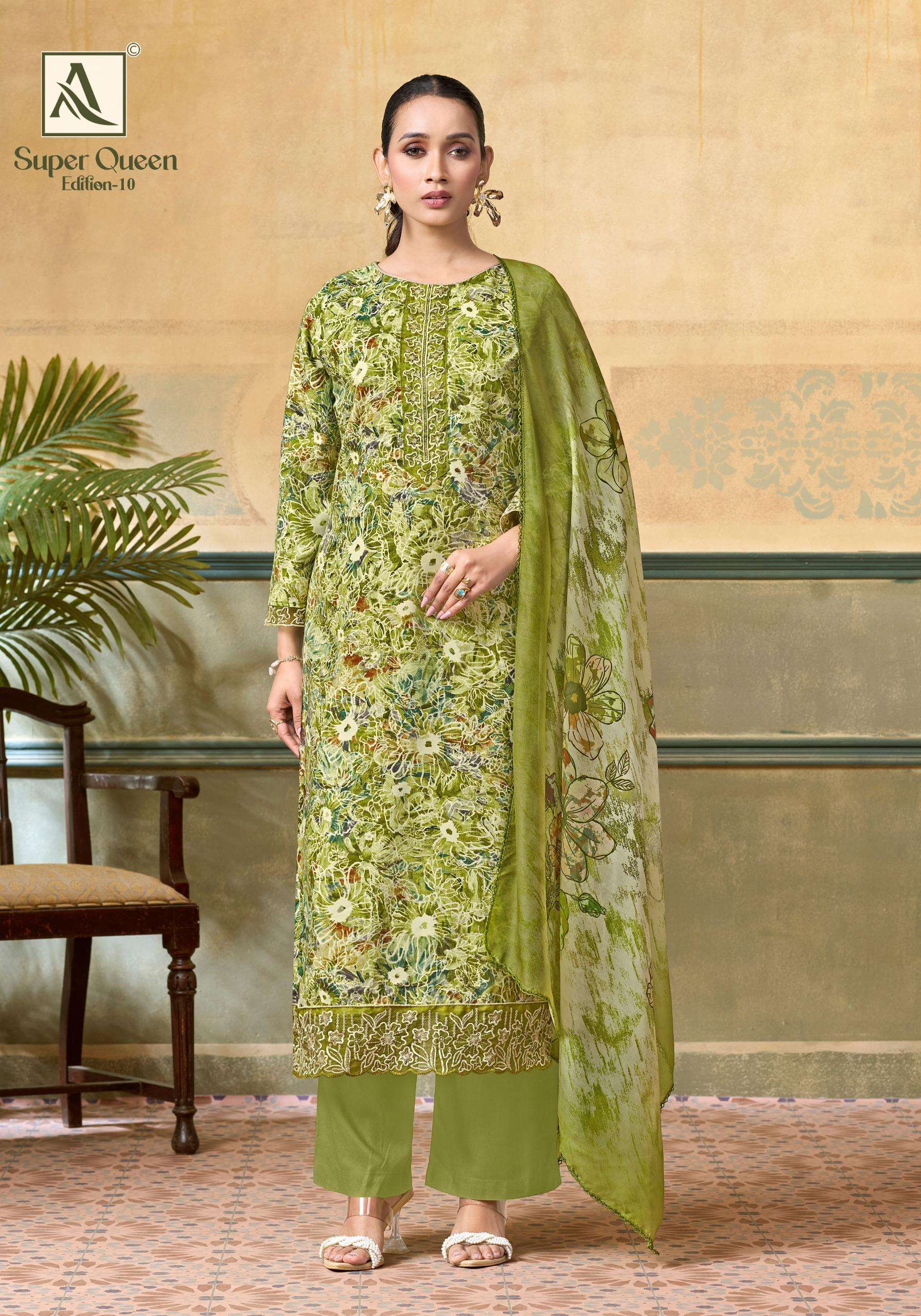 ALOK SUITS SUPER QUEEN EDITION 10 RAYON PRINT WITH FANCY WORK SUIT