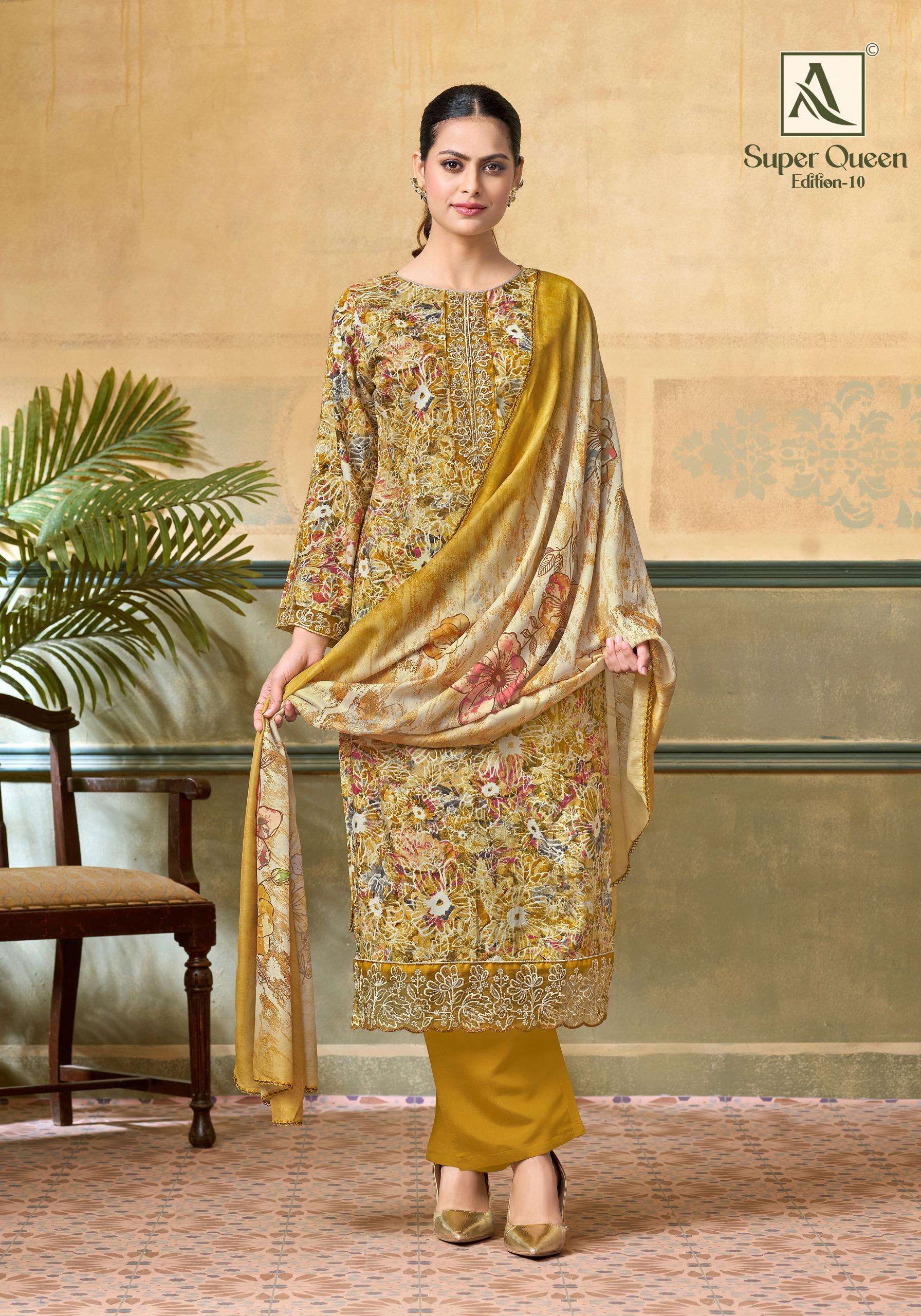 ALOK SUITS SUPER QUEEN EDITION 10 RAYON PRINT WITH FANCY WORK SUIT
