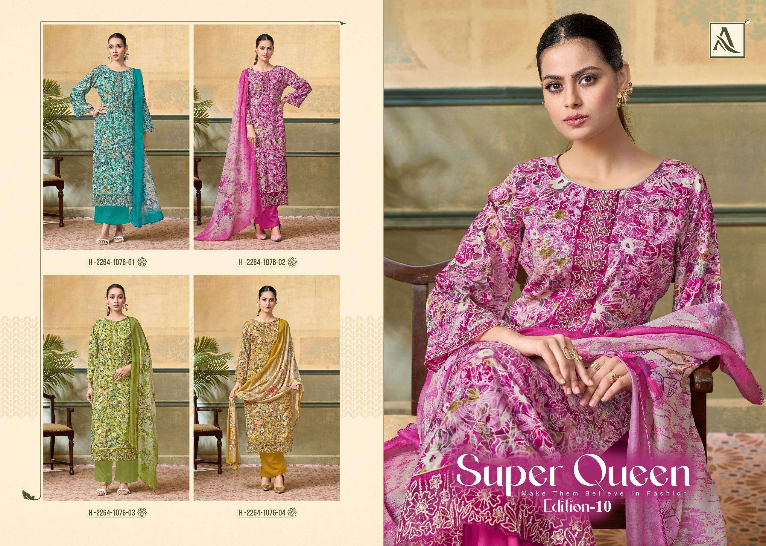 ALOK SUITS SUPER QUEEN EDITION 10 RAYON PRINT WITH FANCY WORK SUIT
