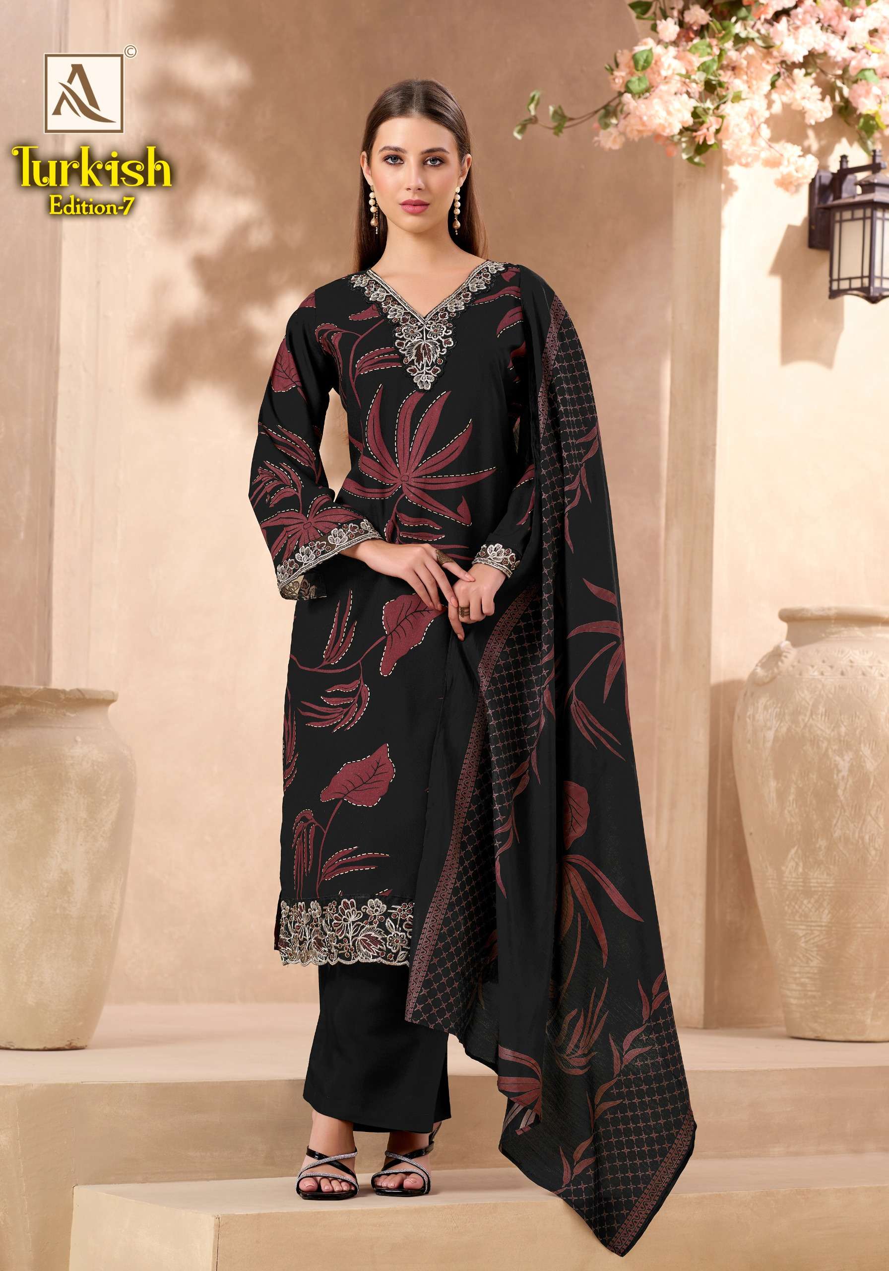 ALOK SUITS TURKISH EDITION 7 VISCOSE RAYON PRINT WITH FANCY WORK SUIT