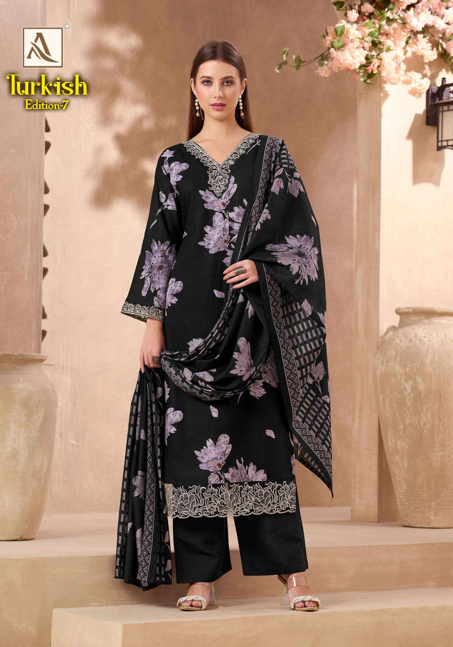 ALOK SUITS TURKISH EDITION 7 VISCOSE RAYON PRINT WITH FANCY WORK SUIT