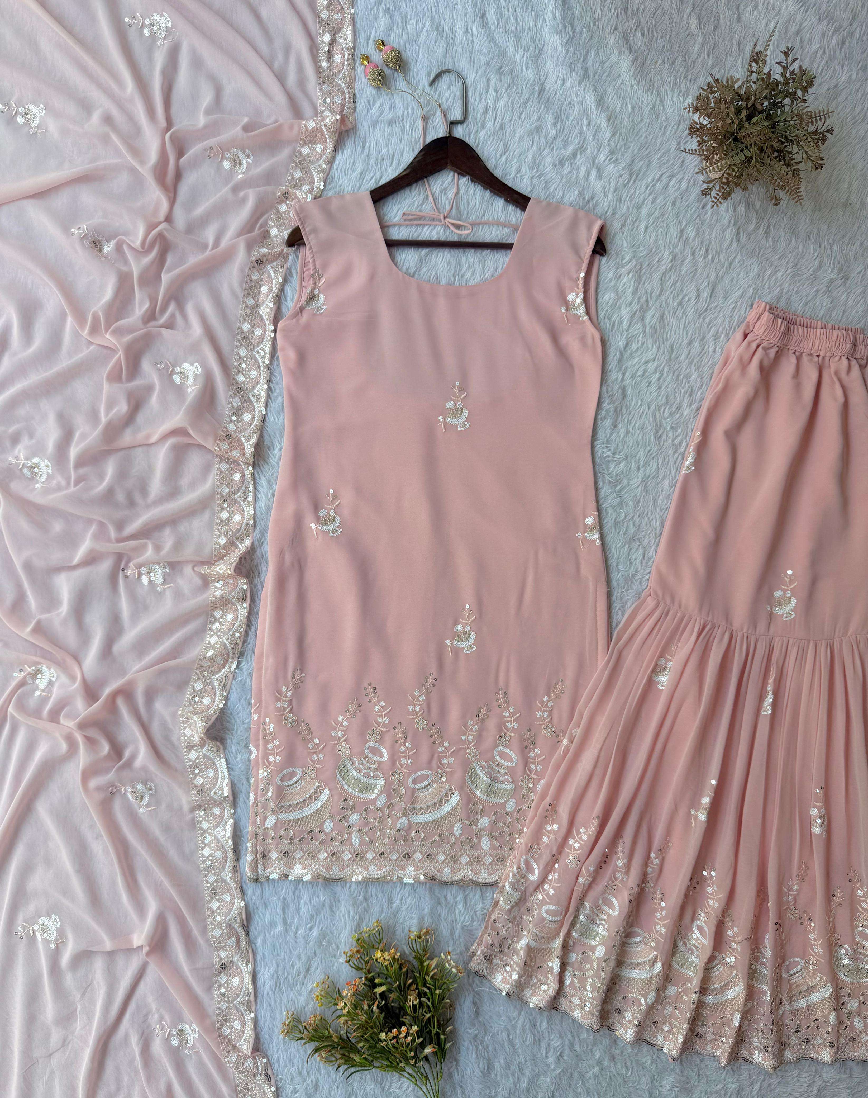 BE 430 GEORGETTE WEDDING WEAR KURTI SARARA AND DUPATTA SET