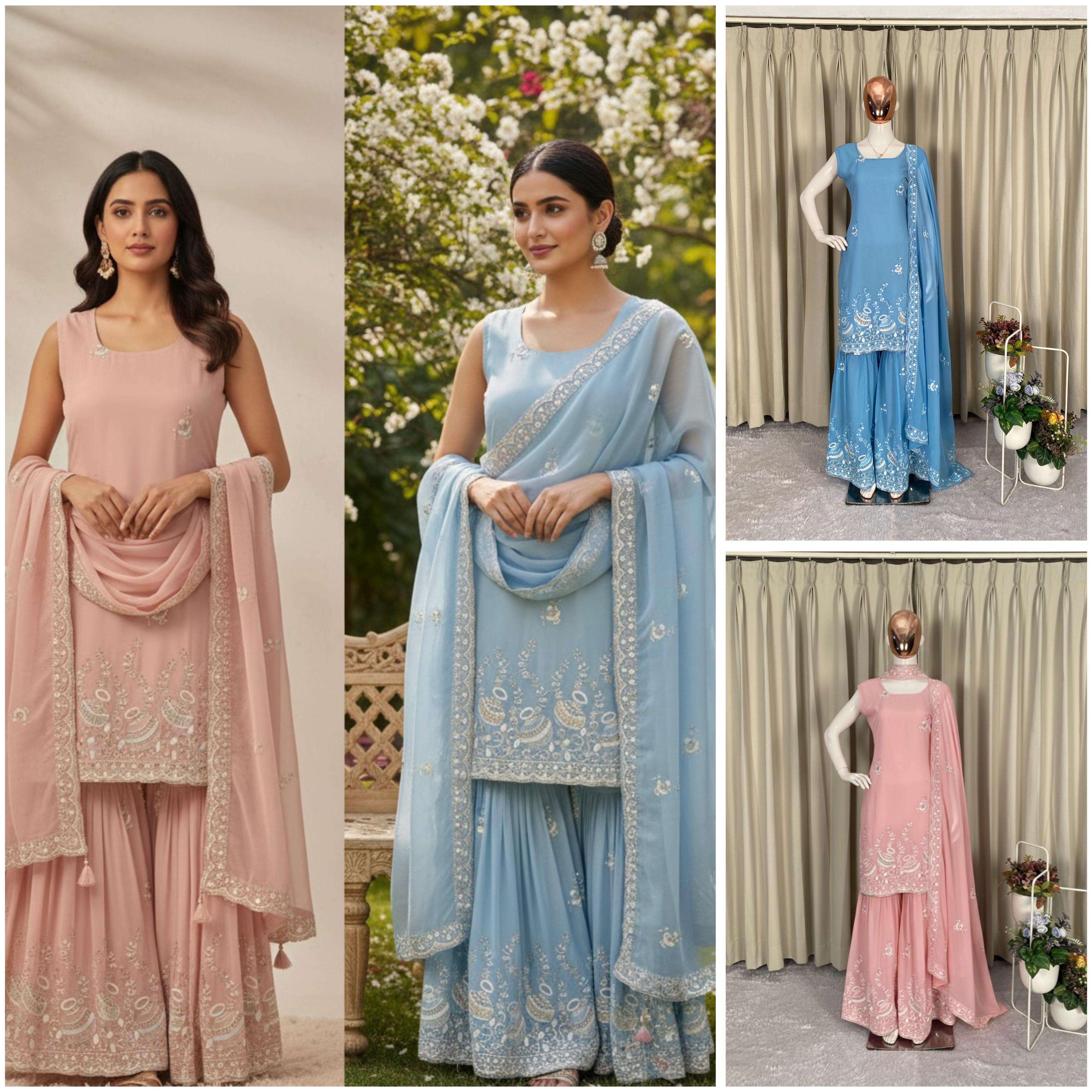 BE 430 GEORGETTE WEDDING WEAR KURTI SARARA AND DUPATTA SET