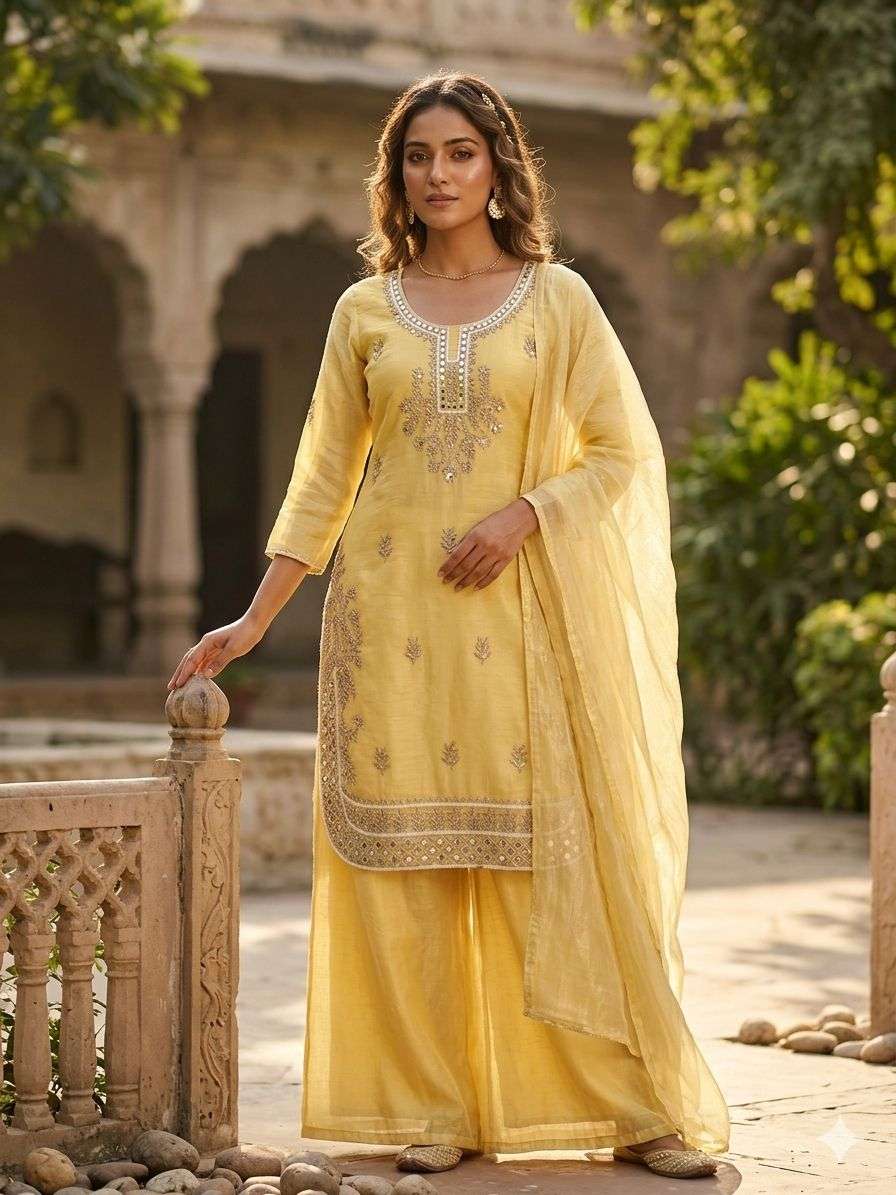 BE 453 CRUNCHY SILK BEAUTIFUL EMBROIDERY DESIGNER FESTIVE WEAR LADIES TOP PLAZZO AND DUPATTA SET 