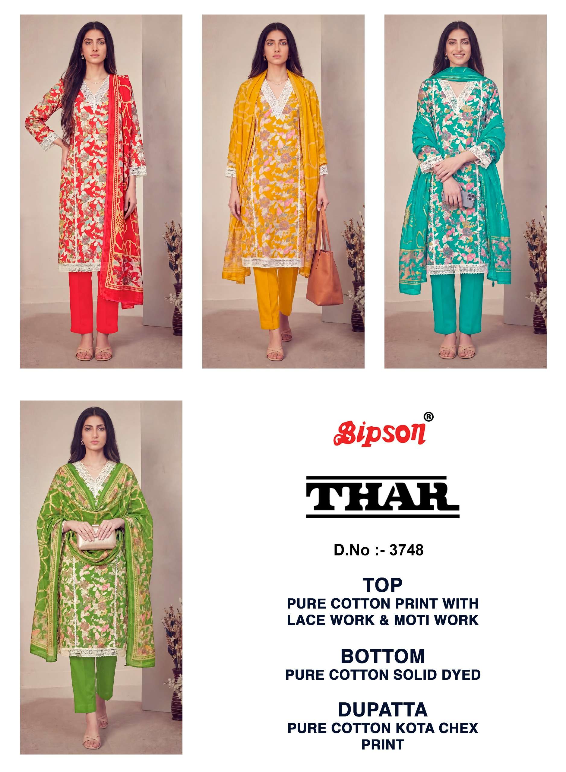 BIPSON PRINTS THAR 3748 COTTON PRINT FANCY LACE WORK SUIT