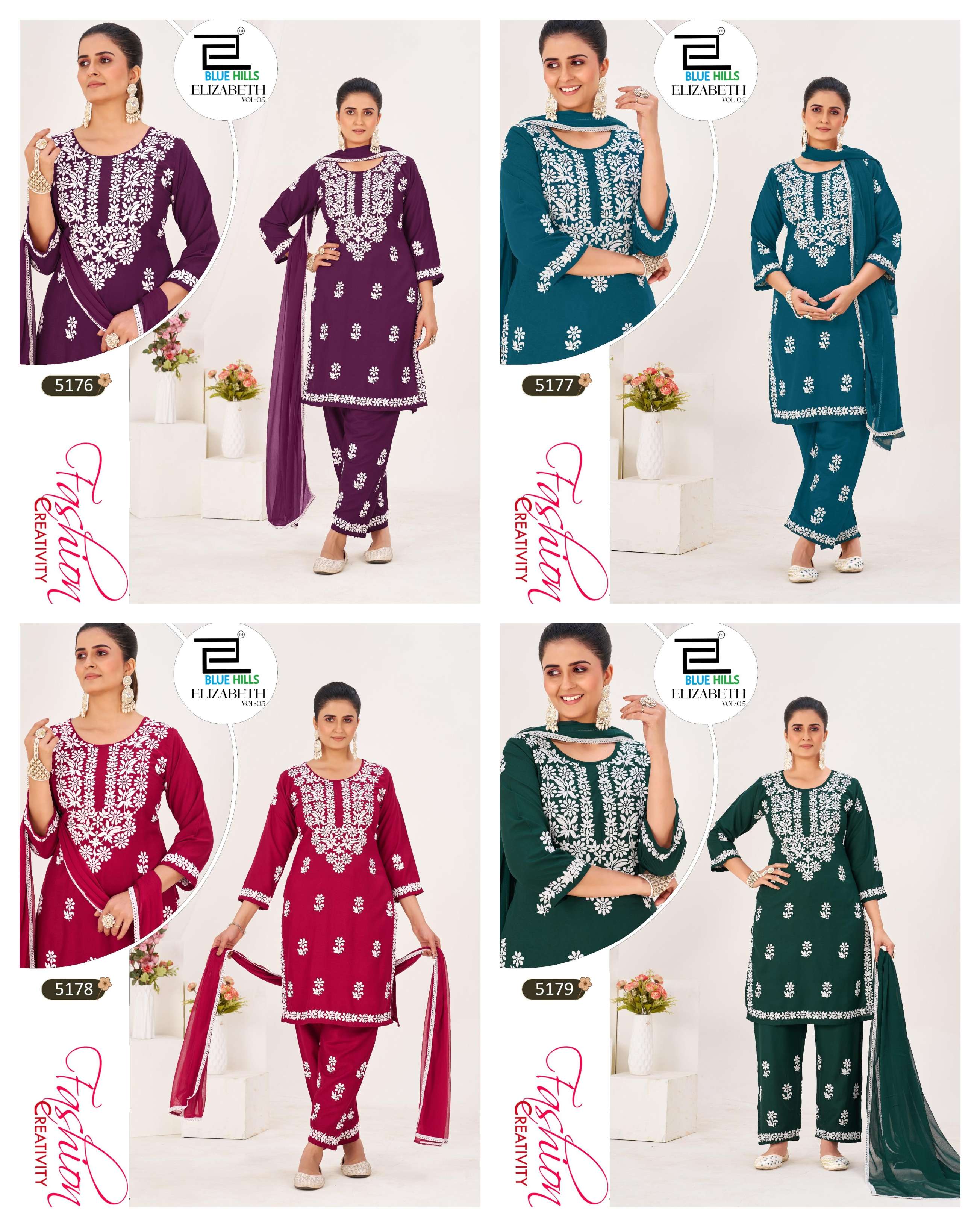 BLUE HILLS ELIZABETH VOL 5 RAYON FANCY LUCKNOWI WORKS LADIES 3PCS SET COLLECTION 