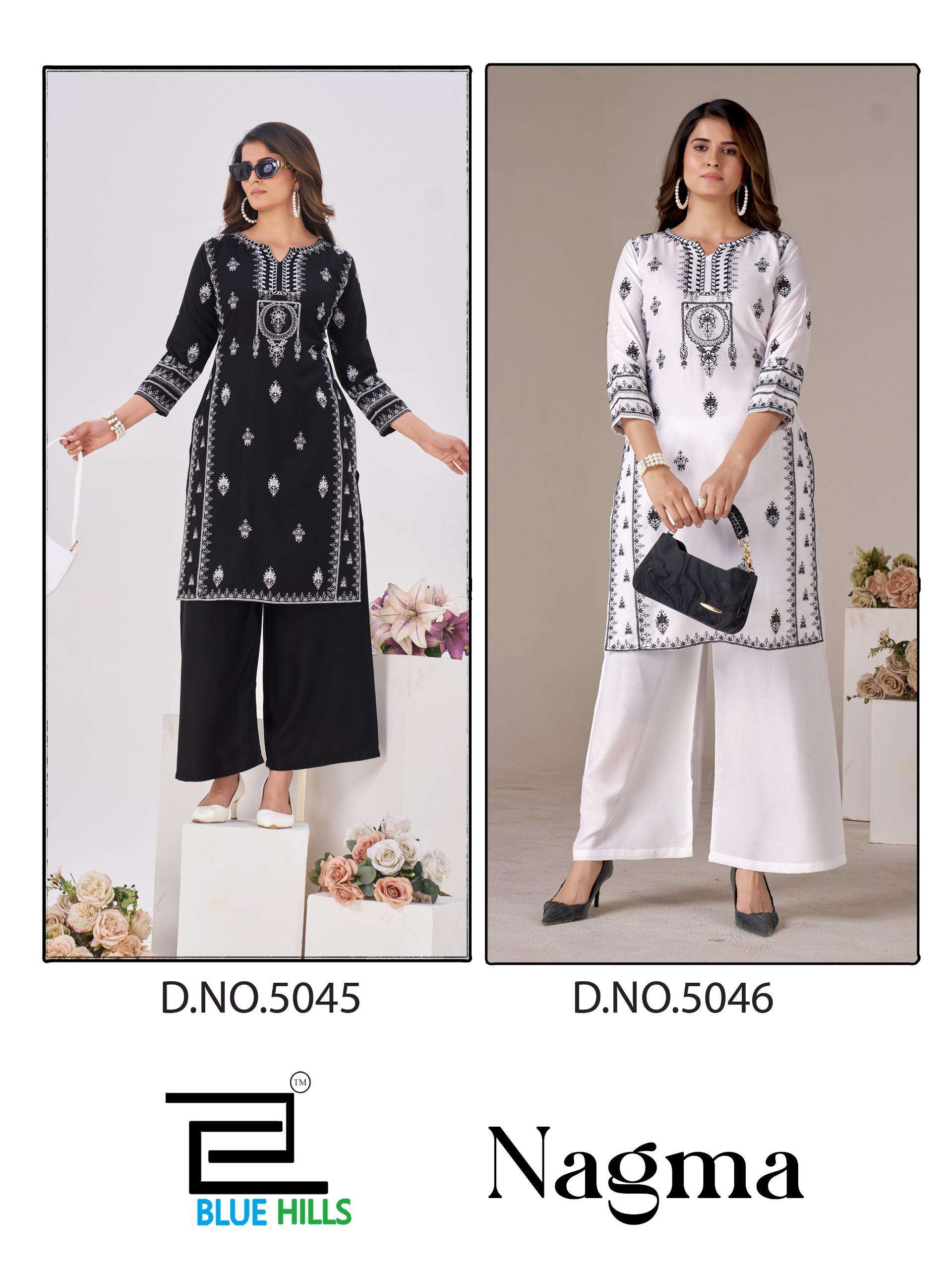 BLUE HILLS NAGMA RAYON FANCY LUCKNOWI WORKS LADIES KURTI WITH PLAZZO PAIR 