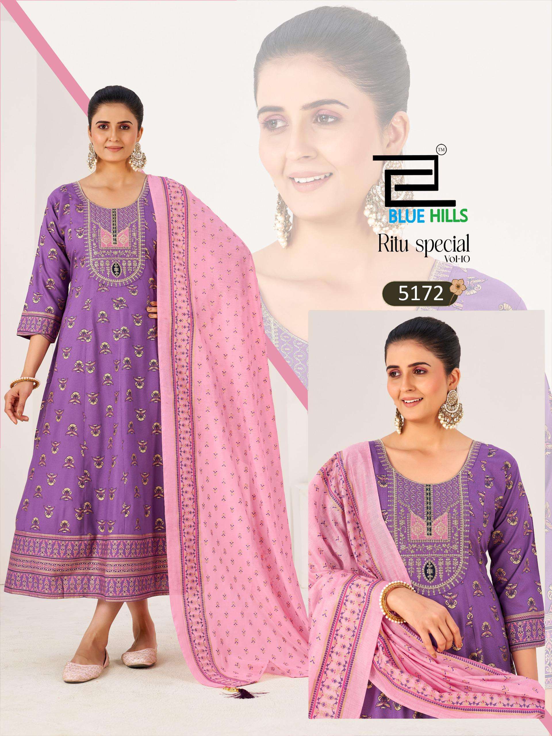 BLUE HILLS RITU SPECIAL VOL 10 RAYON FOIL PRINT WITH WORK FANCY ANARKALI GOWN WITH DUPATTA SET 