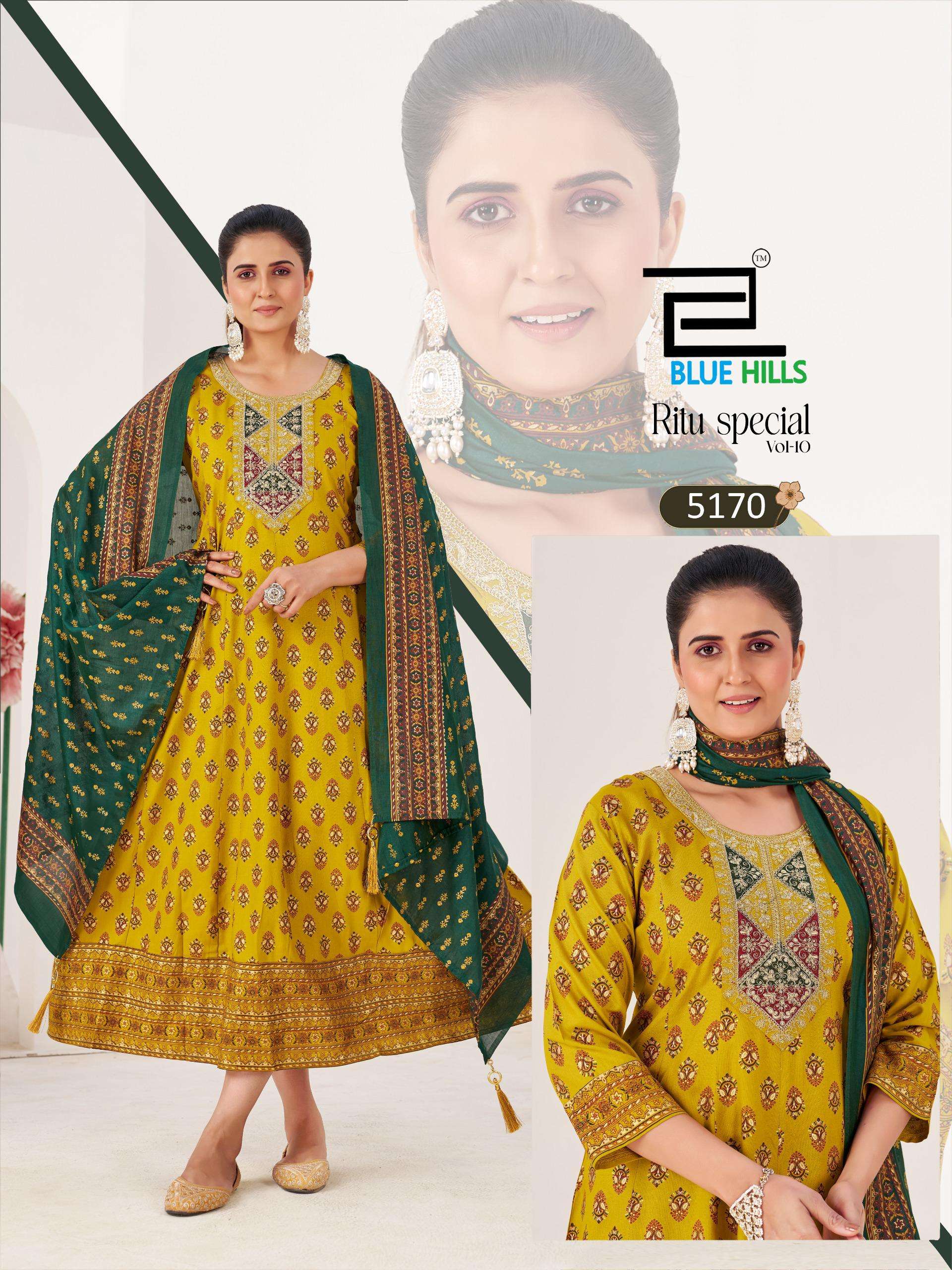 BLUE HILLS RITU SPECIAL VOL 10 RAYON FOIL PRINT WITH WORK FANCY ANARKALI GOWN WITH DUPATTA SET 