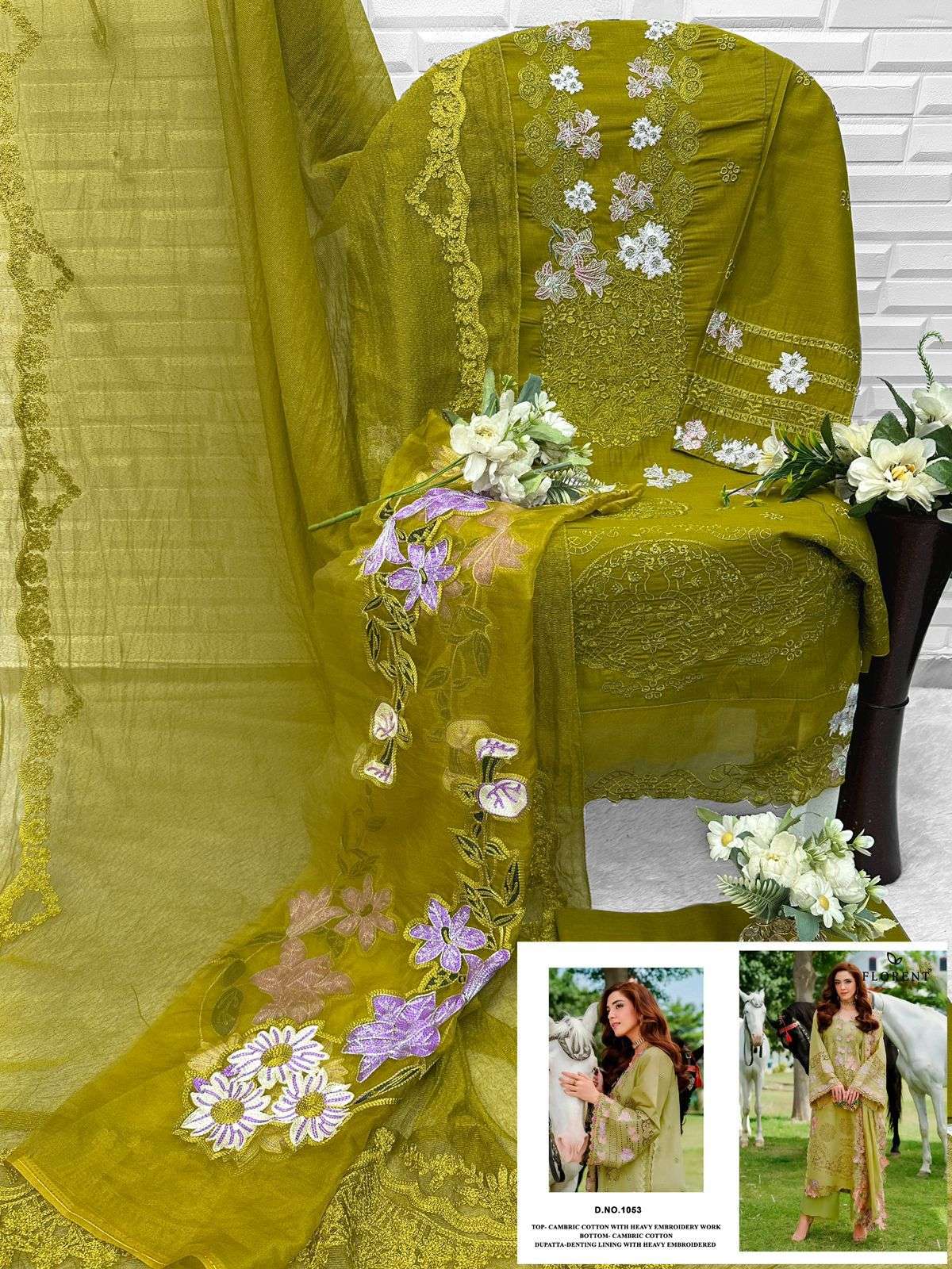 FLORENT D NO 1053 COTTON WITH HEAVY EMBROIDERY DESIGNER WORK PAKISTANI SUIT