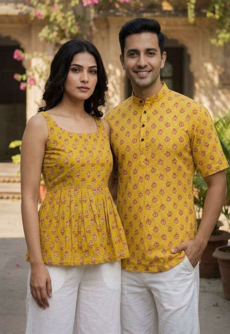 INLI COUPLE SPECIAL COTTON PRINTED MENS KURTA WITH LADIES TOPS COLLECTION 