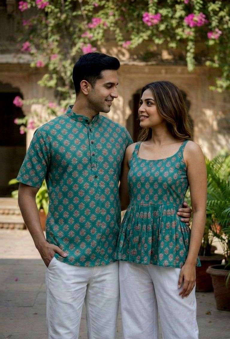 INLI COUPLE SPECIAL COTTON PRINTED MENS KURTA WITH LADIES TOPS COLLECTION 