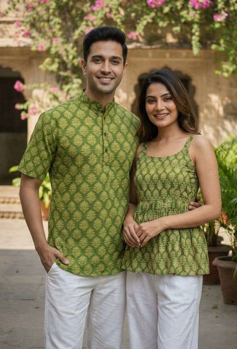 INLI COUPLE SPECIAL COTTON PRINTED MENS KURTA WITH LADIES TOPS COLLECTION 