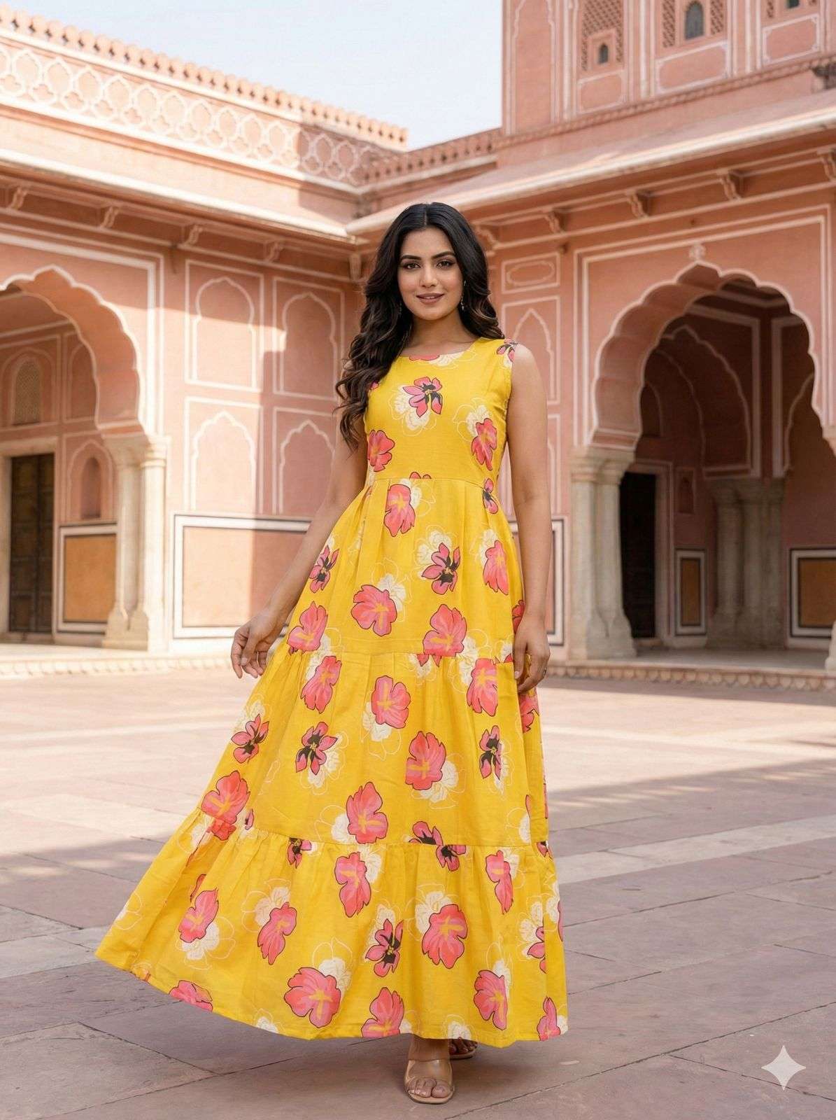 INLI FLORAL COTTON SLEEVELESS RUFFLE MAXI DRESS 