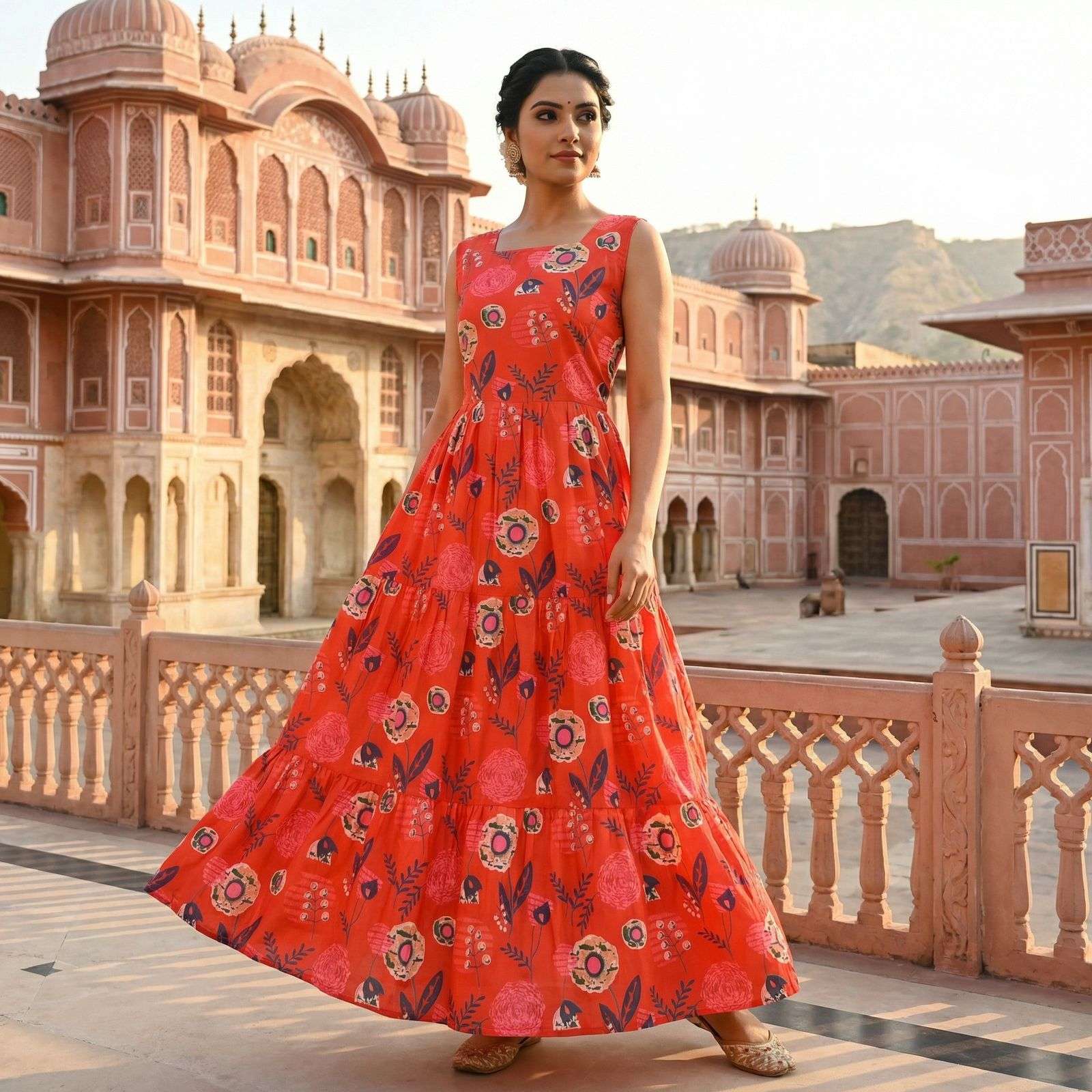 INLI FLORAL COTTON SLEEVELESS RUFFLE MAXI DRESS 