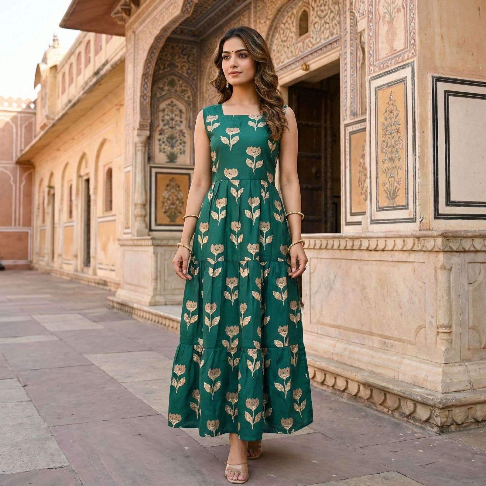 INLI FLORAL COTTON SLEEVELESS RUFFLE MAXI DRESS 