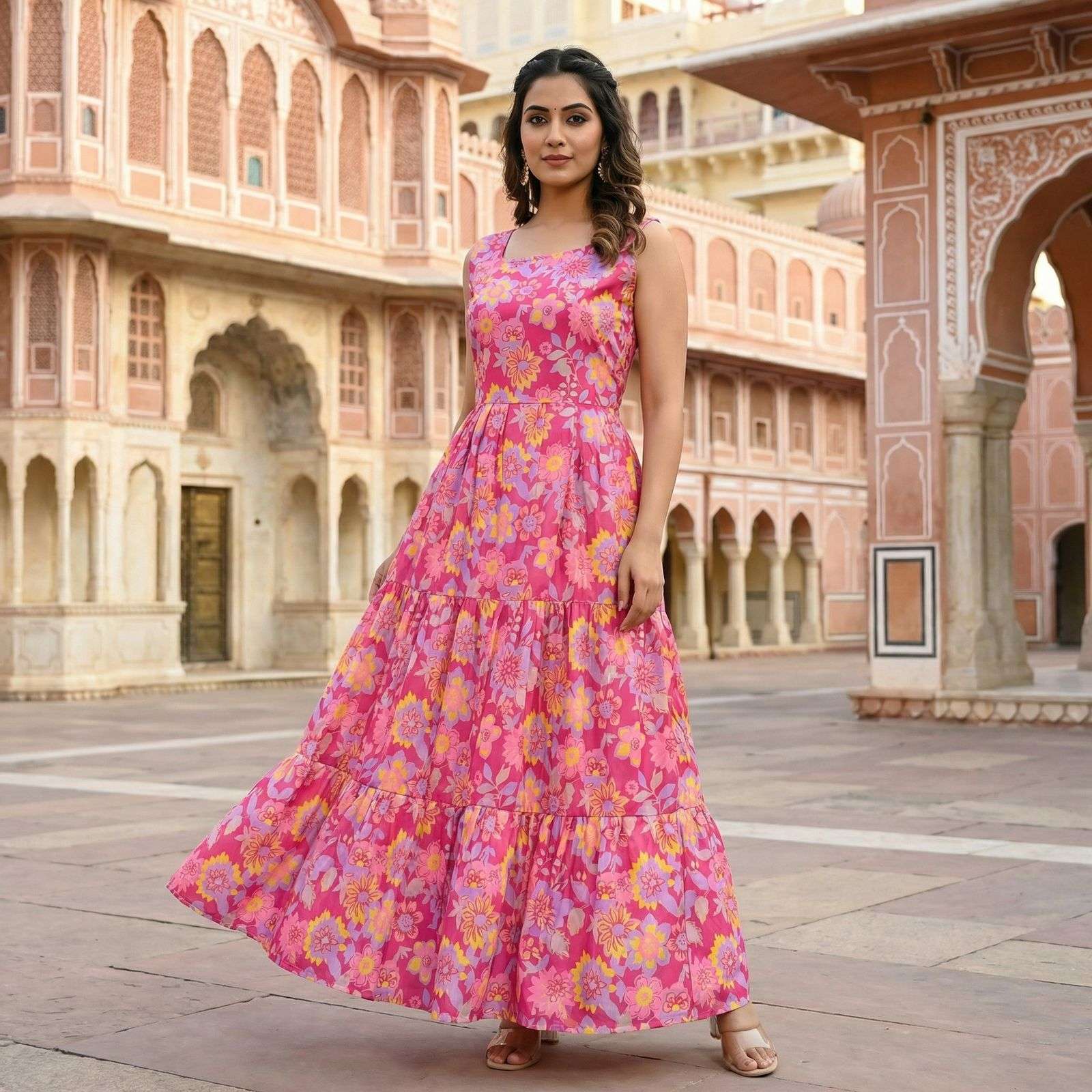 INLI FLORAL COTTON SLEEVELESS RUFFLE MAXI DRESS 