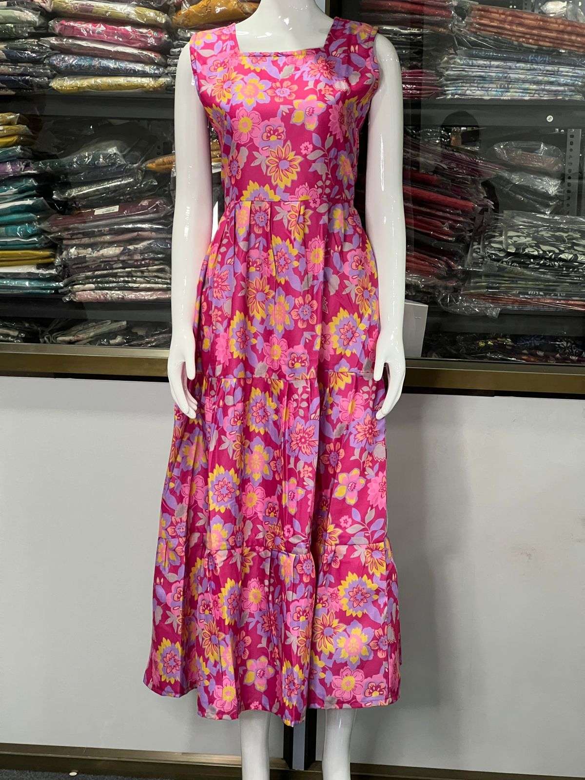 INLI FLORAL COTTON SLEEVELESS RUFFLE MAXI DRESS 