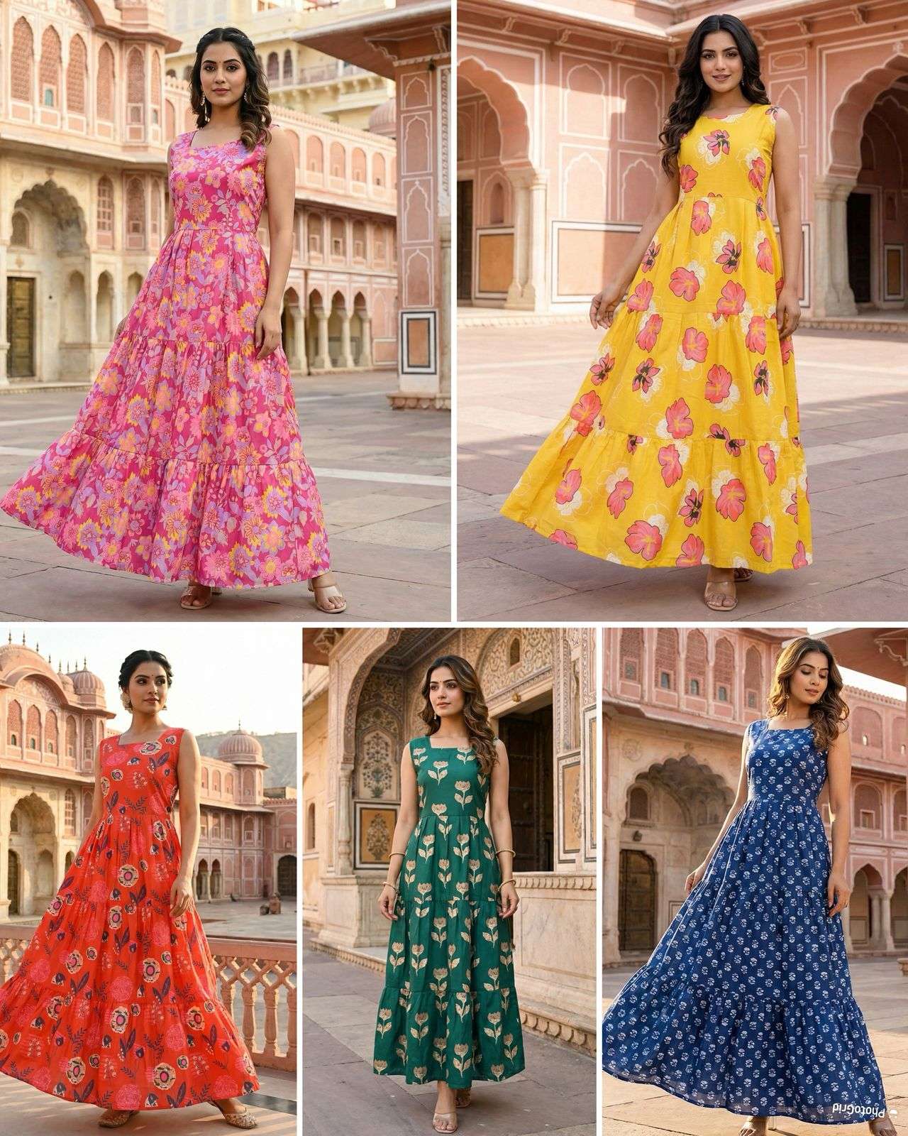 INLI FLORAL COTTON SLEEVELESS RUFFLE MAXI DRESS 