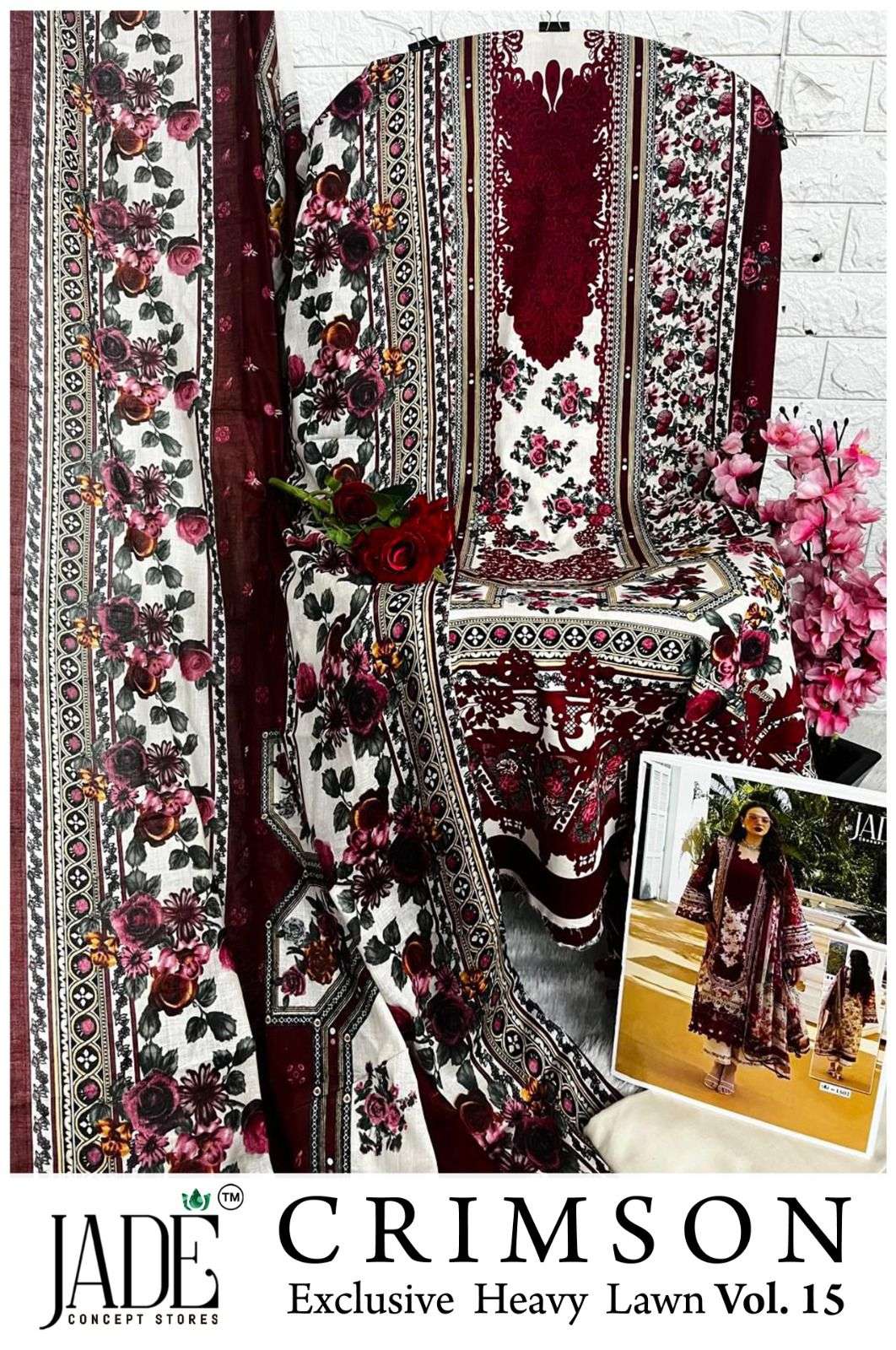JADE CRIMSON EXCLUSIVE HEAVY LAWN COLLECTION VOL 15 NEW DESIGNS LAWN COTTON SALWAR SUIT