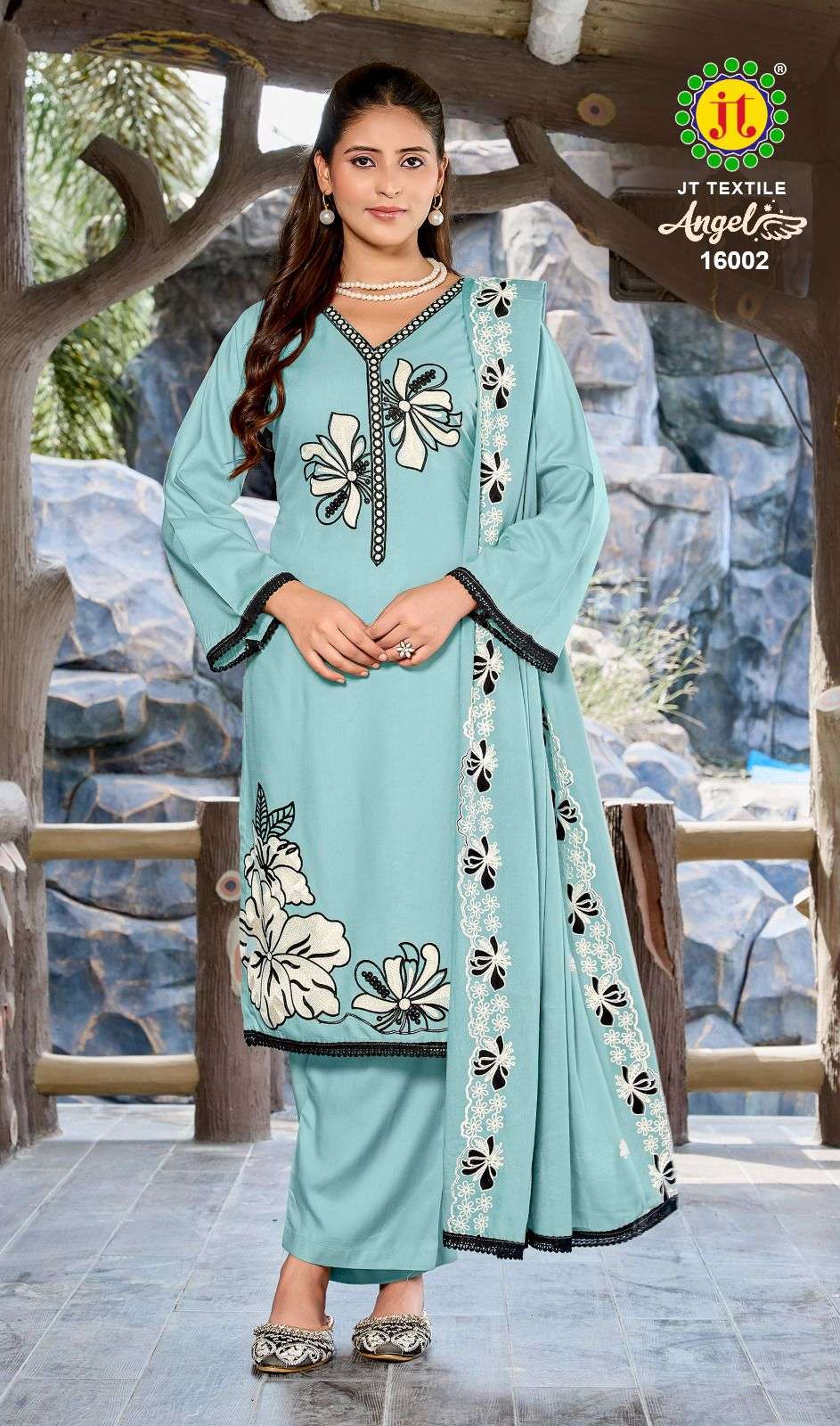 JT ANGEL VOL 16 RAYON FANCY EMBROIDERY WITH LACE WORK SUIT