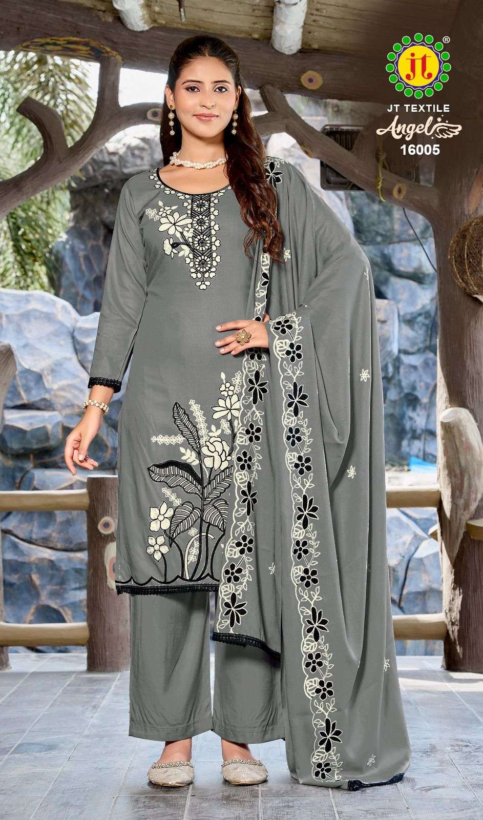 JT ANGEL VOL 16 RAYON FANCY EMBROIDERY WITH LACE WORK SUIT