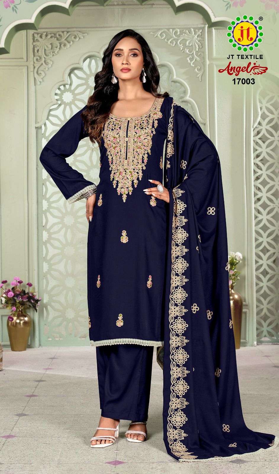 JT ANGEL VOL 17 RAYON FANCY EMBROIDERY WITH LACE WORK SUIT