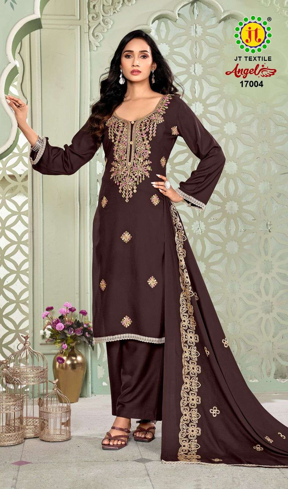 JT ANGEL VOL 17 RAYON FANCY EMBROIDERY WITH LACE WORK SUIT