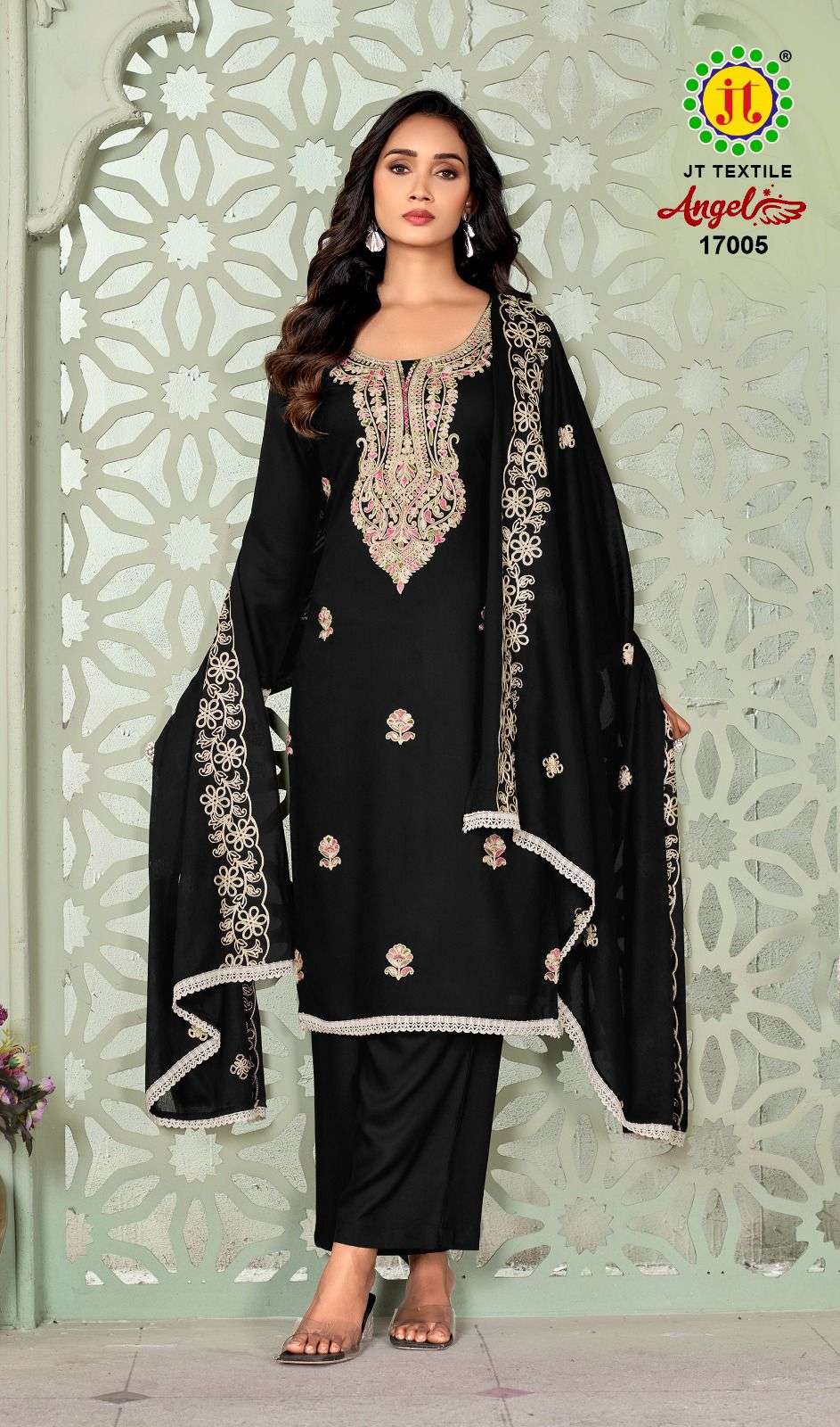 JT ANGEL VOL 17 RAYON FANCY EMBROIDERY WITH LACE WORK SUIT