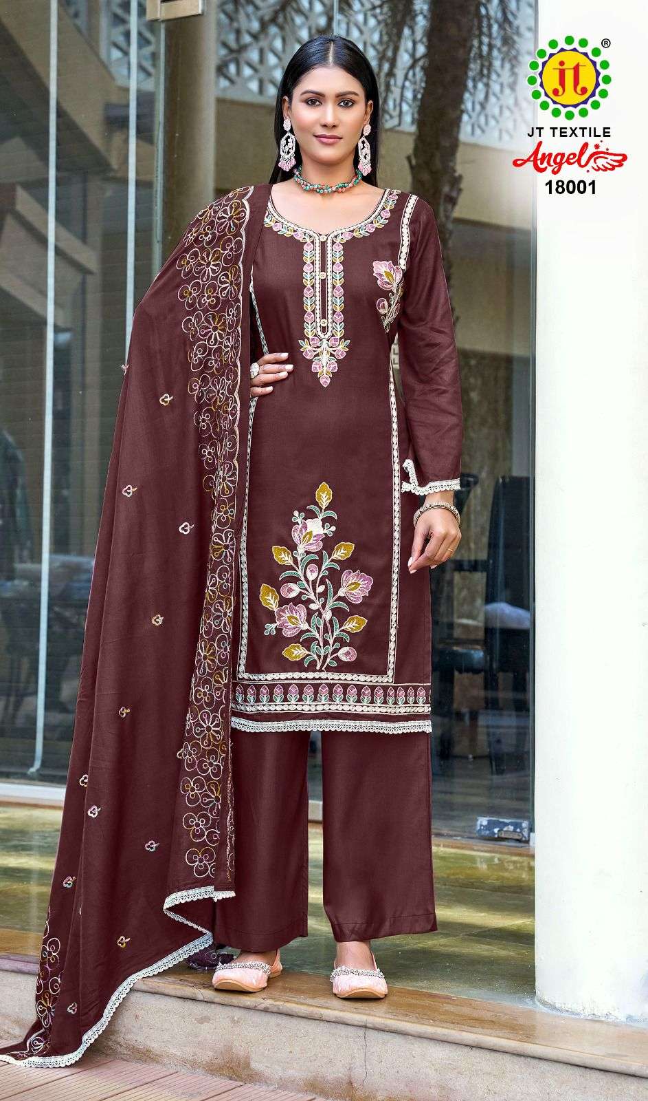 JT ANGEL VOL 18 RAYON FANCY EMBROIDERY WITH LACE WORK SUIT