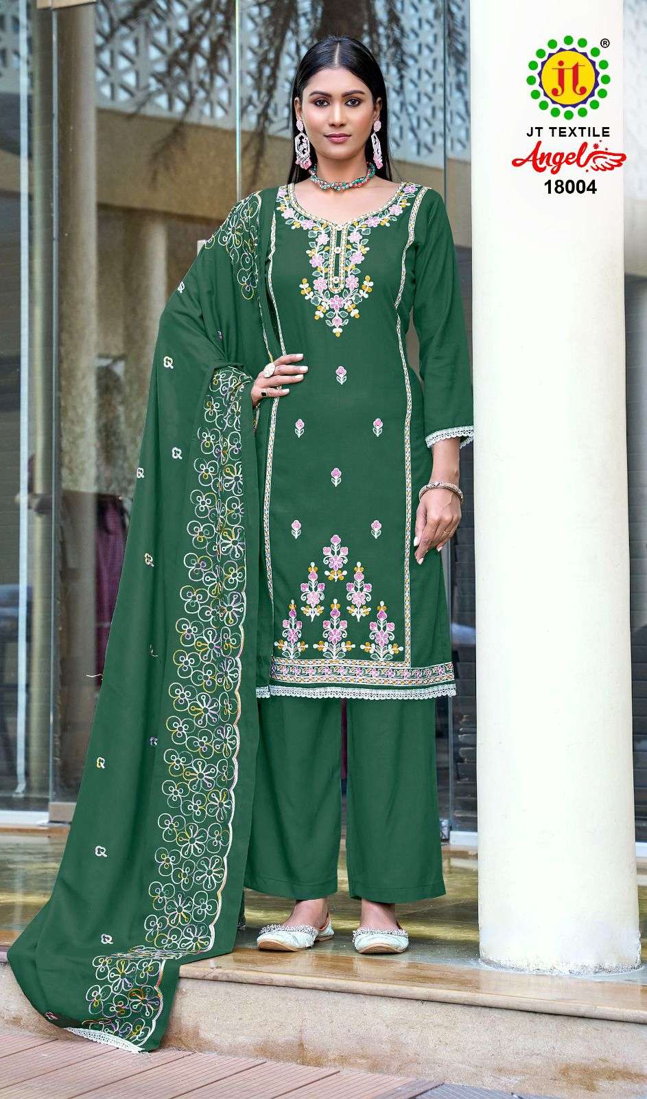 JT ANGEL VOL 18 RAYON FANCY EMBROIDERY WITH LACE WORK SUIT