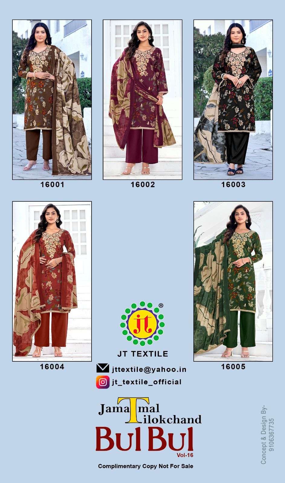JT BULBUL VOL 16 RAYON PREMIUM WORKS LADIES WORK SALWAR SUIT