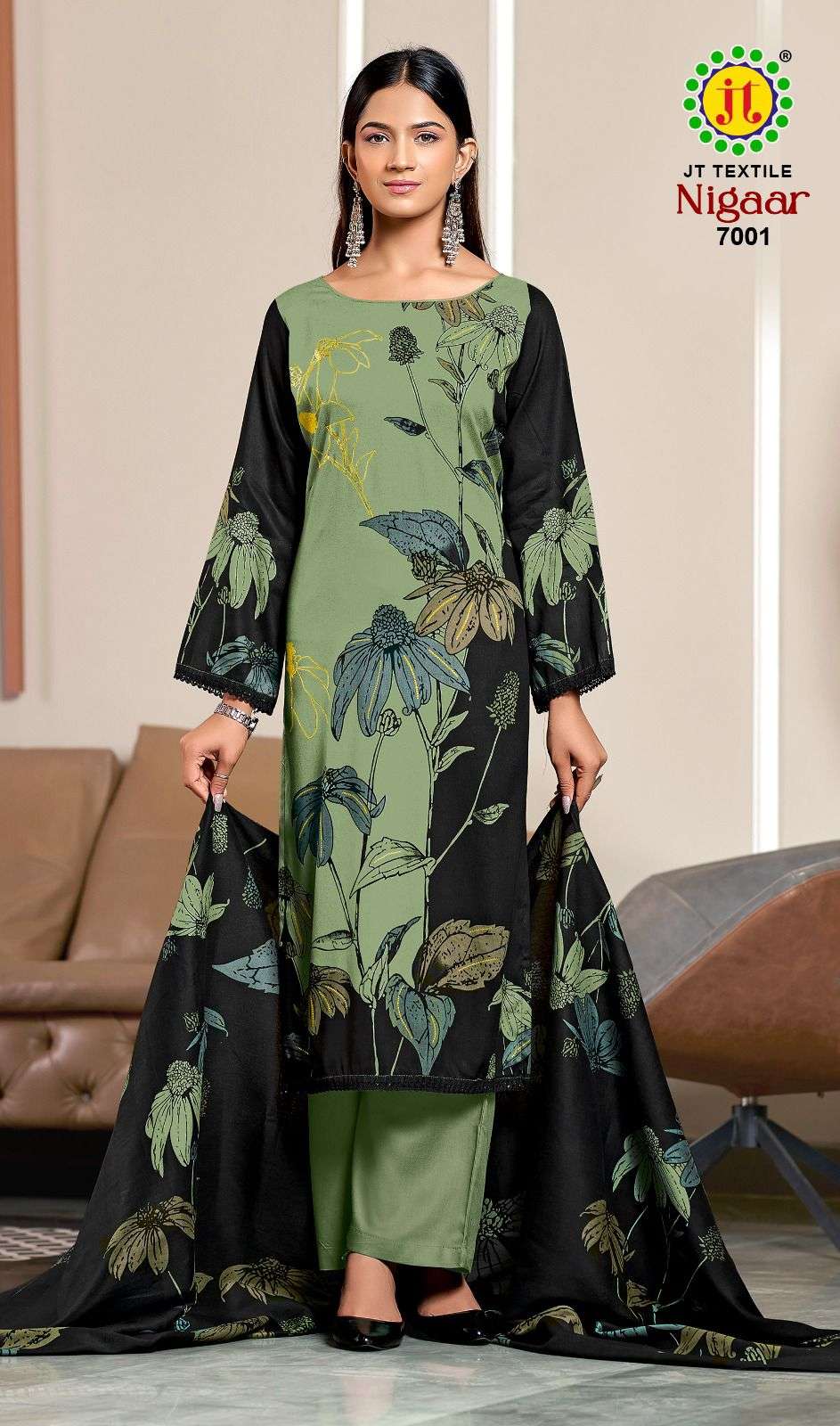 JT NIGAAR VOL 7 RAYON GOLD PRINT WITH FANCY LACE WORK SUIT