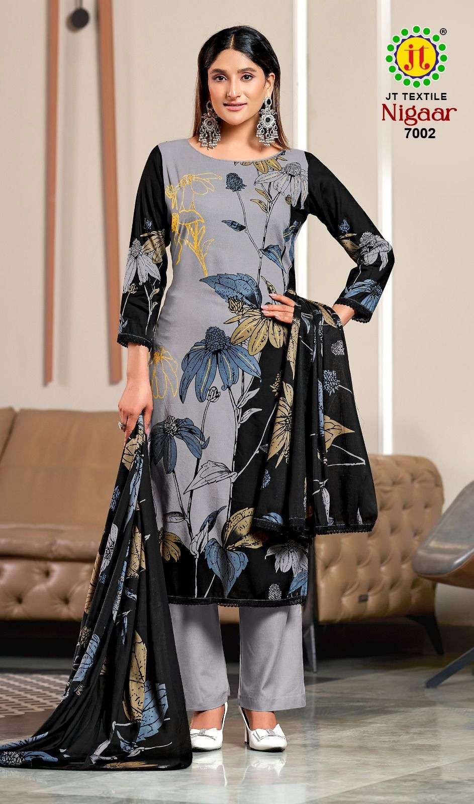 JT NIGAAR VOL 7 RAYON GOLD PRINT WITH FANCY LACE WORK SUIT