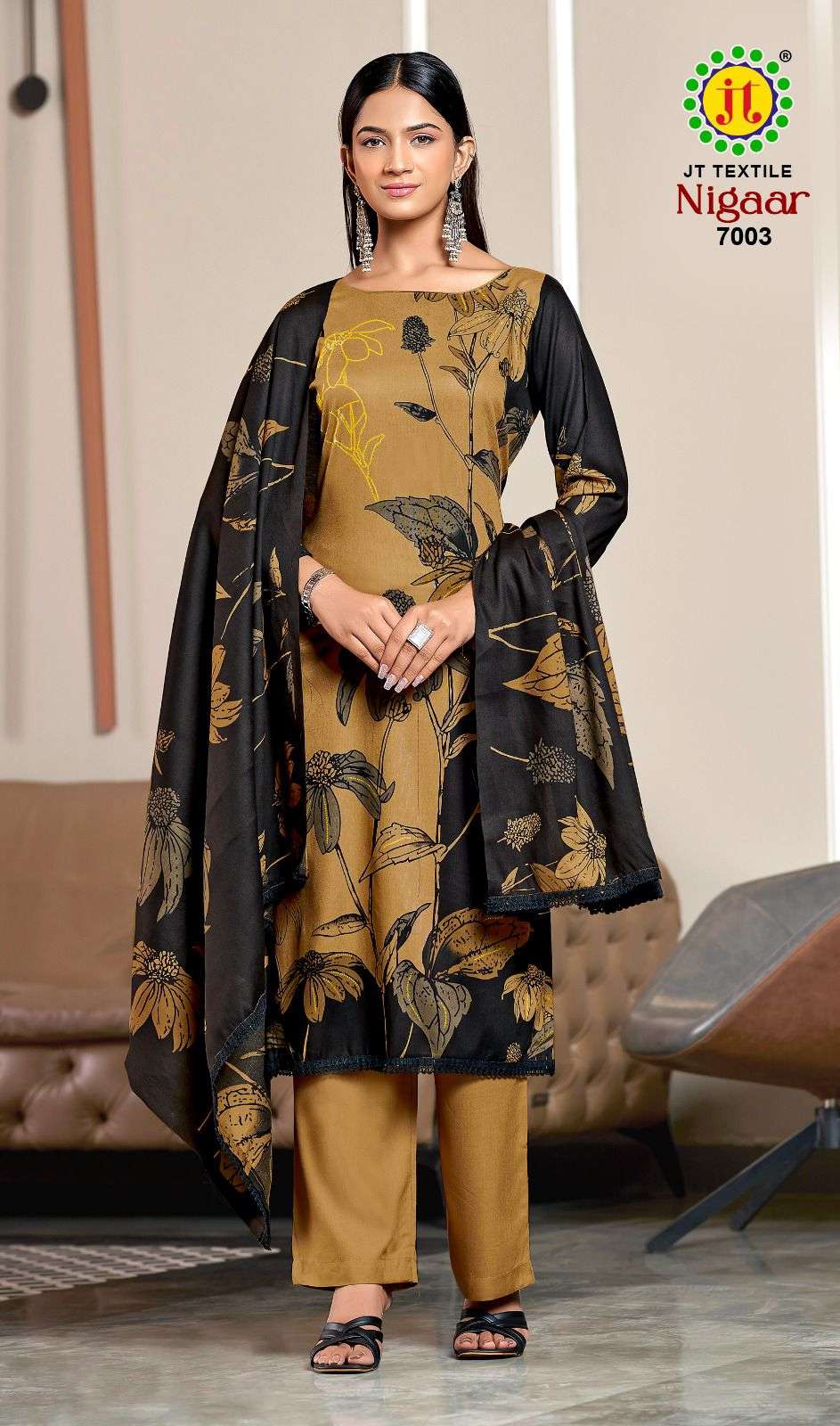 JT NIGAAR VOL 7 RAYON GOLD PRINT WITH FANCY LACE WORK SUIT