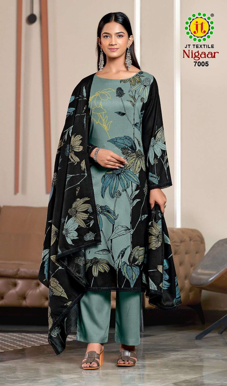 JT NIGAAR VOL 7 RAYON GOLD PRINT WITH FANCY LACE WORK SUIT