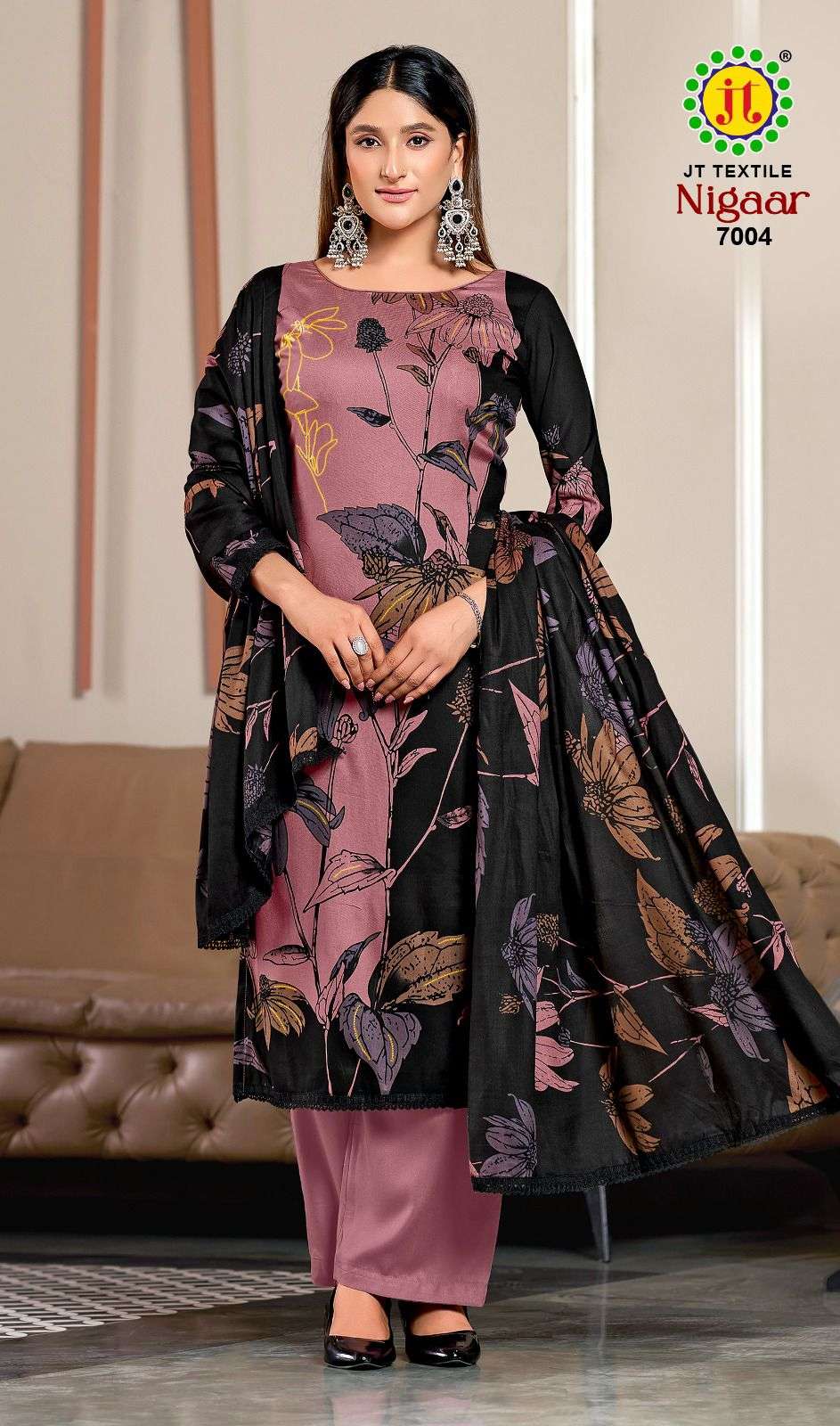 JT NIGAAR VOL 7 RAYON GOLD PRINT WITH FANCY LACE WORK SUIT